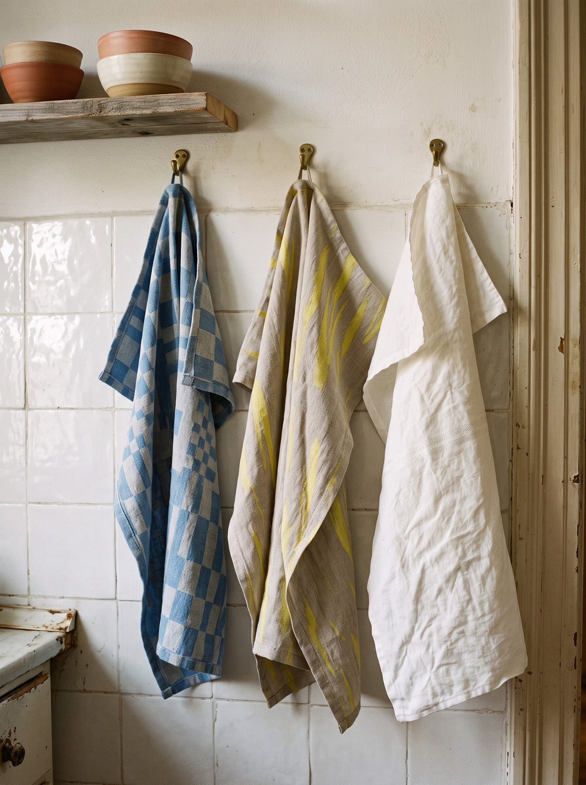 Three kitchen towels in blue and white checks, beige with a yellow pattern and plain white hang from brass hooks against a light kitchen wall with white tiles.