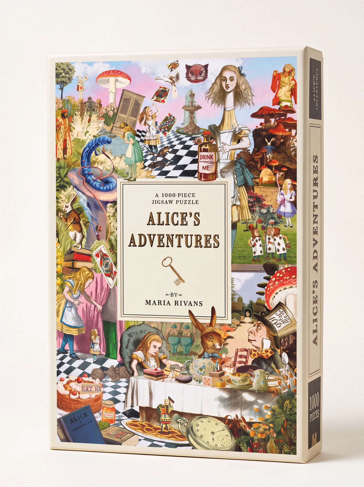 Alice's Adventures 1000-piece jigsaw puzzle box featuring surreal collage artwork by Maria Rivans