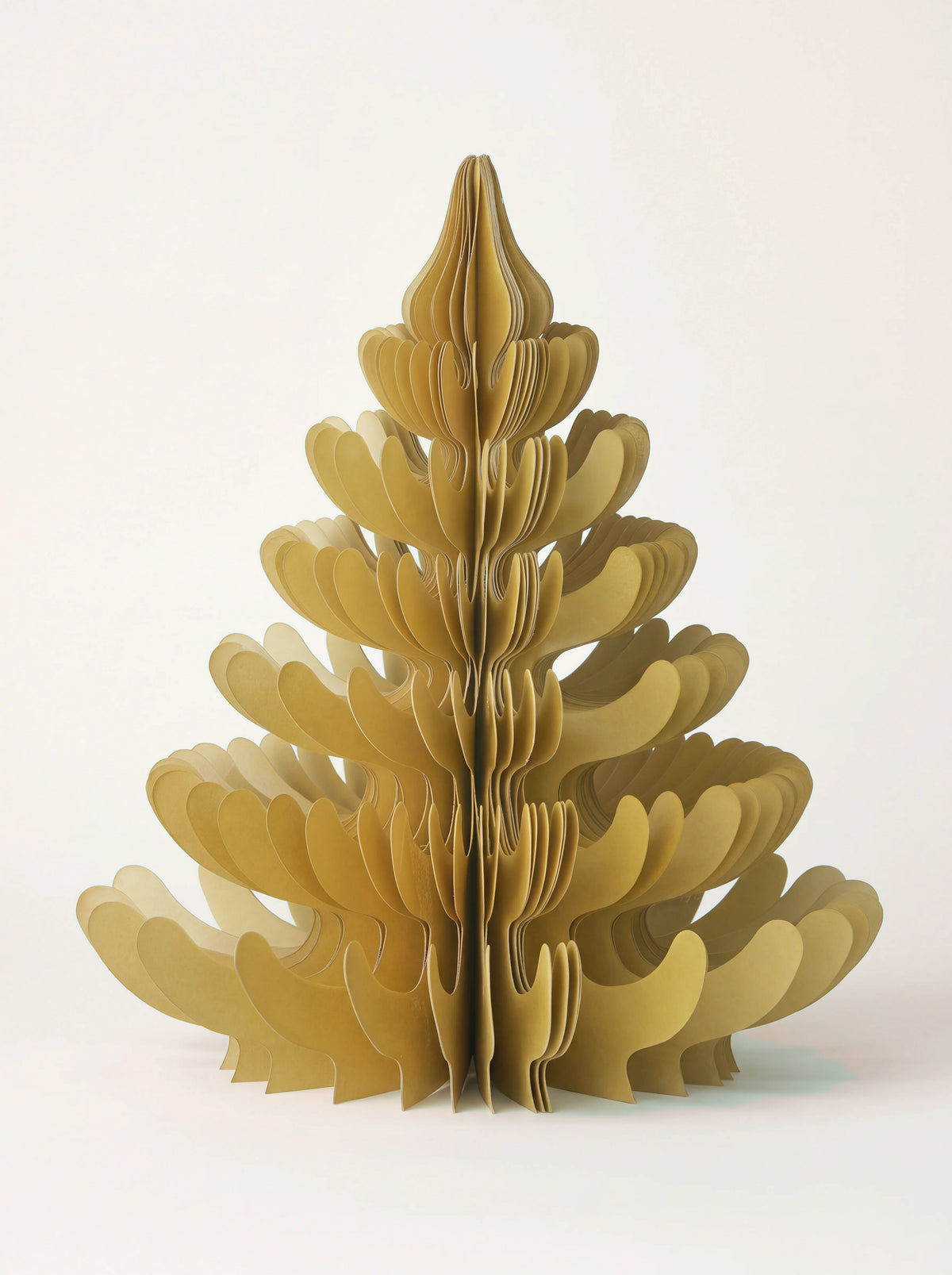 Paper honeycomb tree decoration in pecan with layered, curved tiers