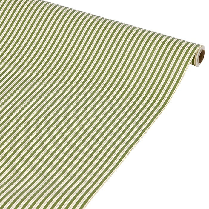 Roll of semi-matte wrapping paper unrolled, showing fine fern-green and off-white stripes