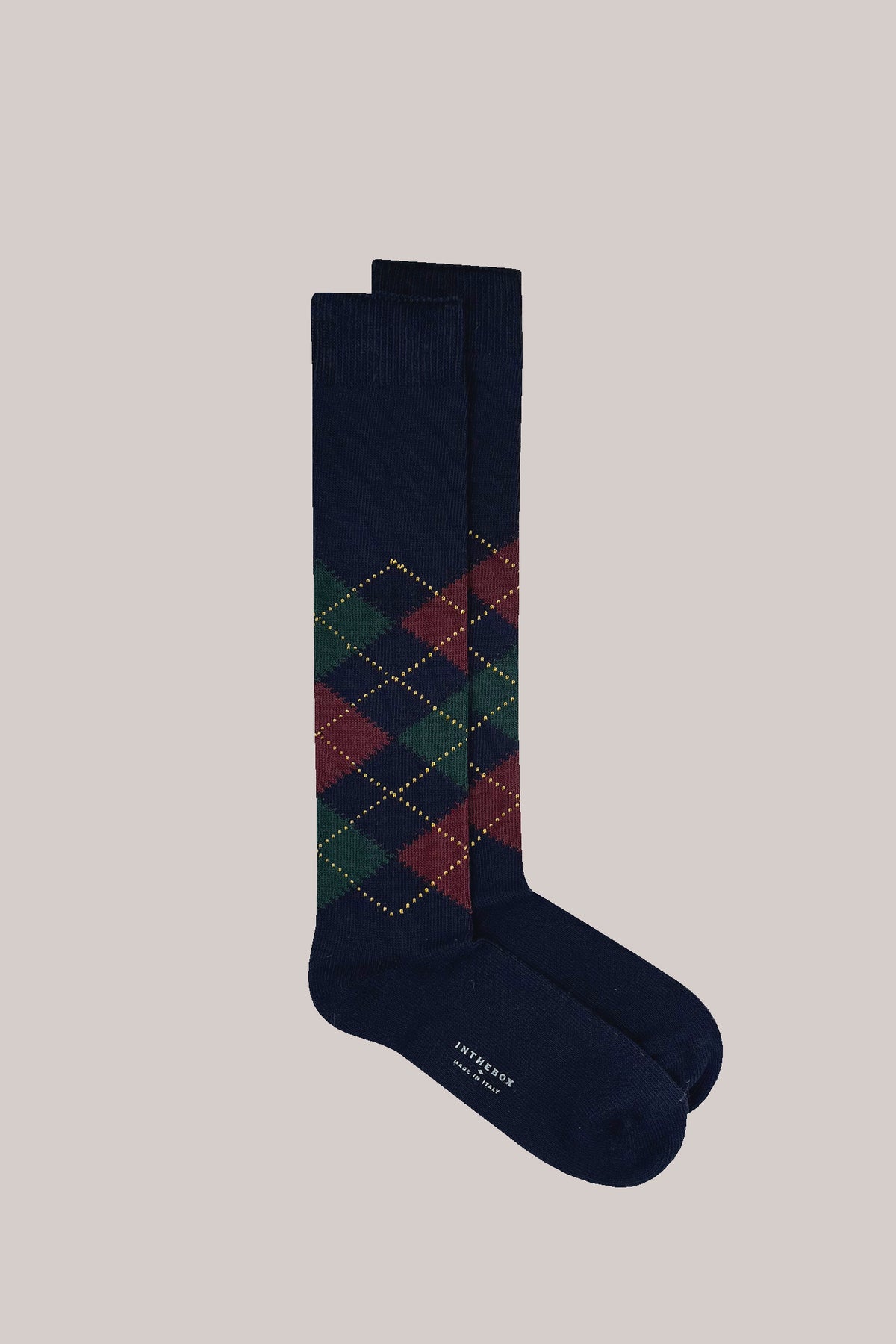 Knee-high dark blue cotton socks with a burgundy and green argyle pattern and INTHEBOX MADE IN ITALY on the sole