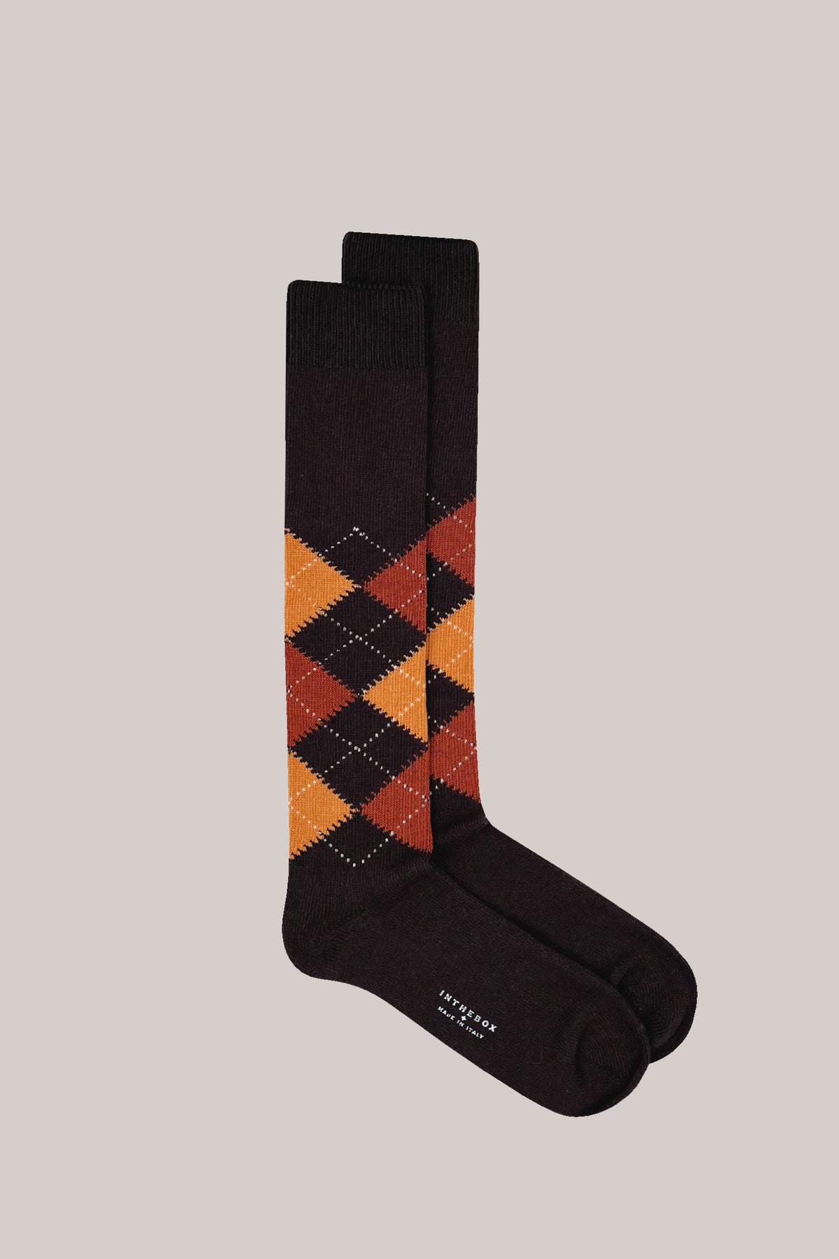 Brown cotton argyle socks with gold and rust diamond patterns, ribbed cuffs and INTHEBOX MADE IN ITALY on the sole