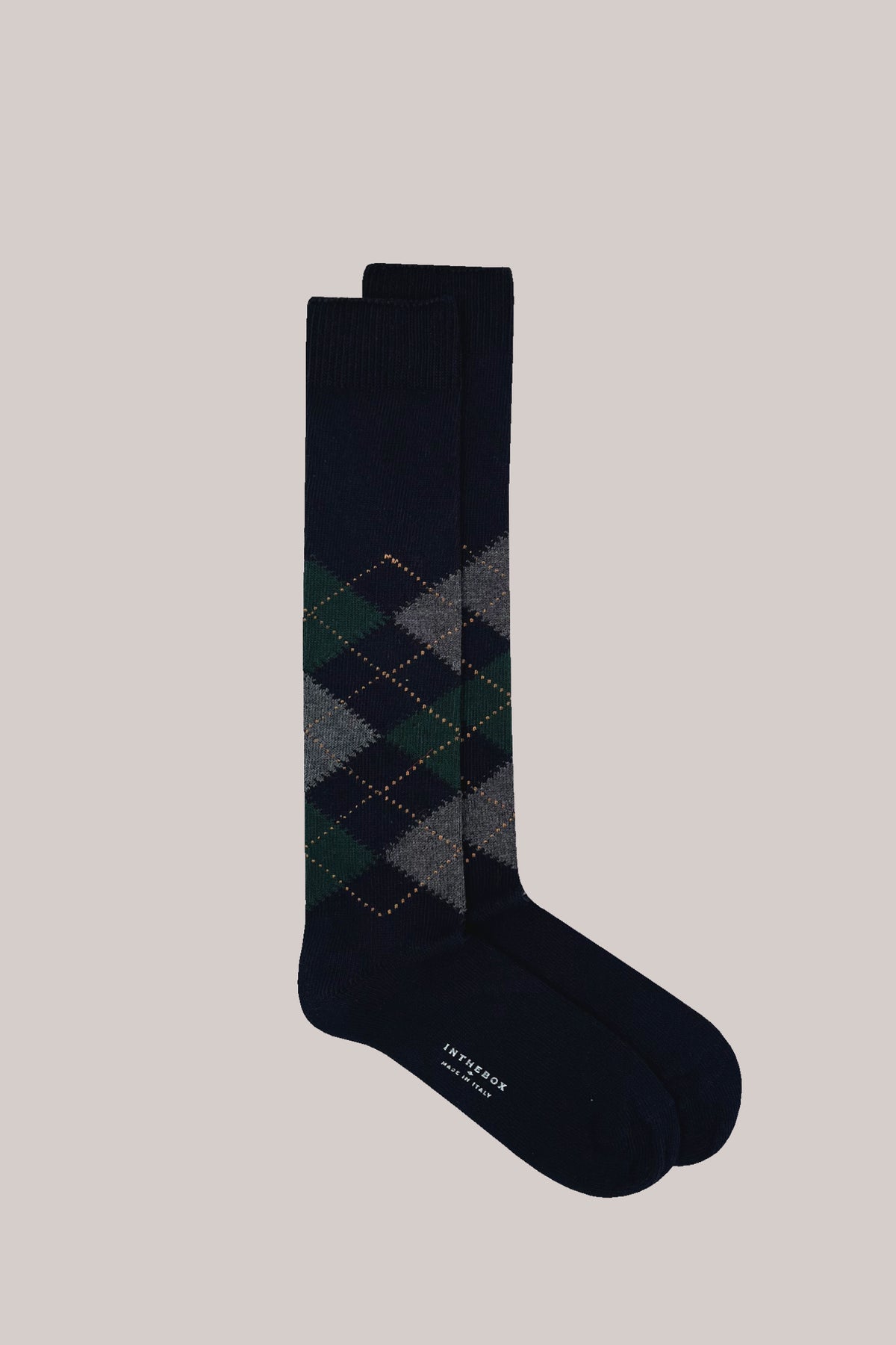 Calf-length navy blue cotton socks with dark green and grey argyle pattern and INTHEBOX MADE IN ITALY on the sole