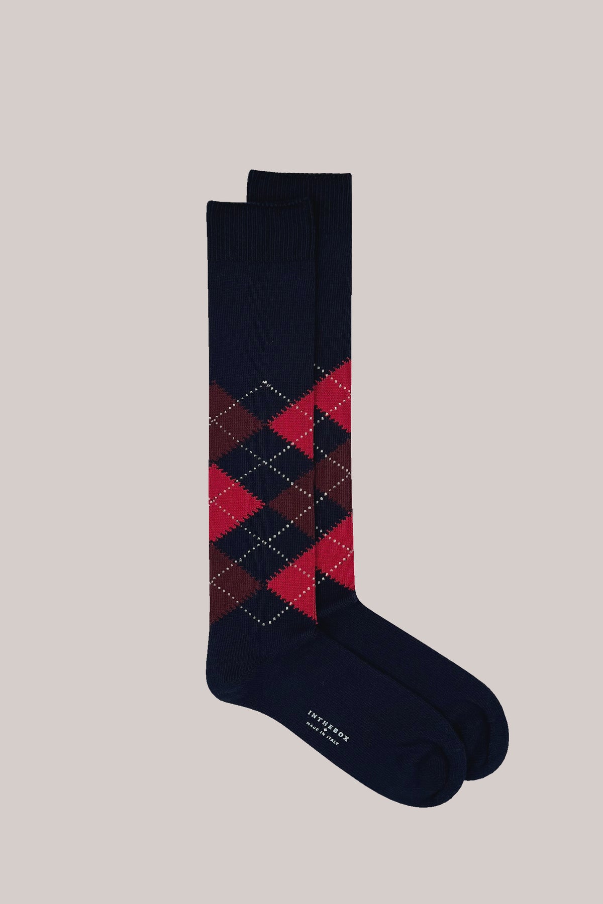 Navy cotton socks with red and burgundy argyle pattern, ribbed cuffs and 'INTHEBOX MADE IN ITALY' on the sole