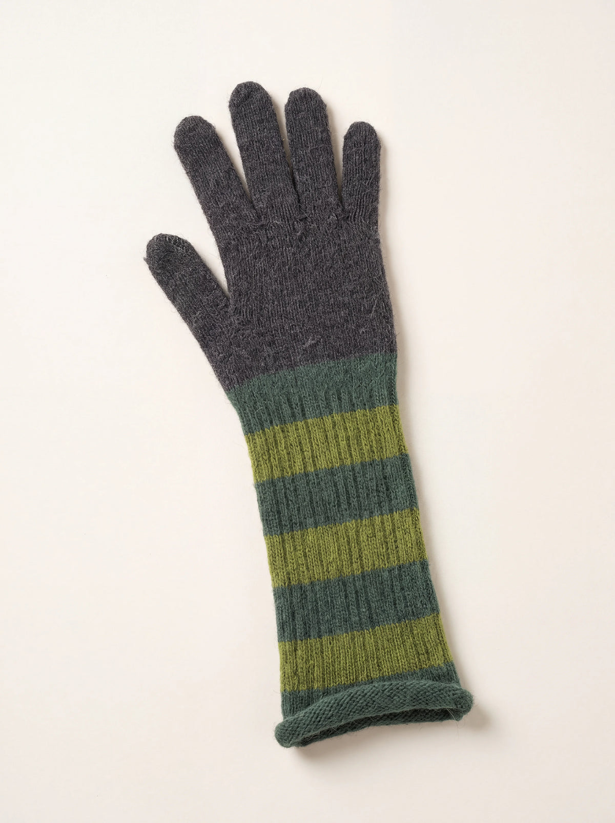 Long wool-blend glove with a dark grey hand, two-tone green striped arm and rolled cuff