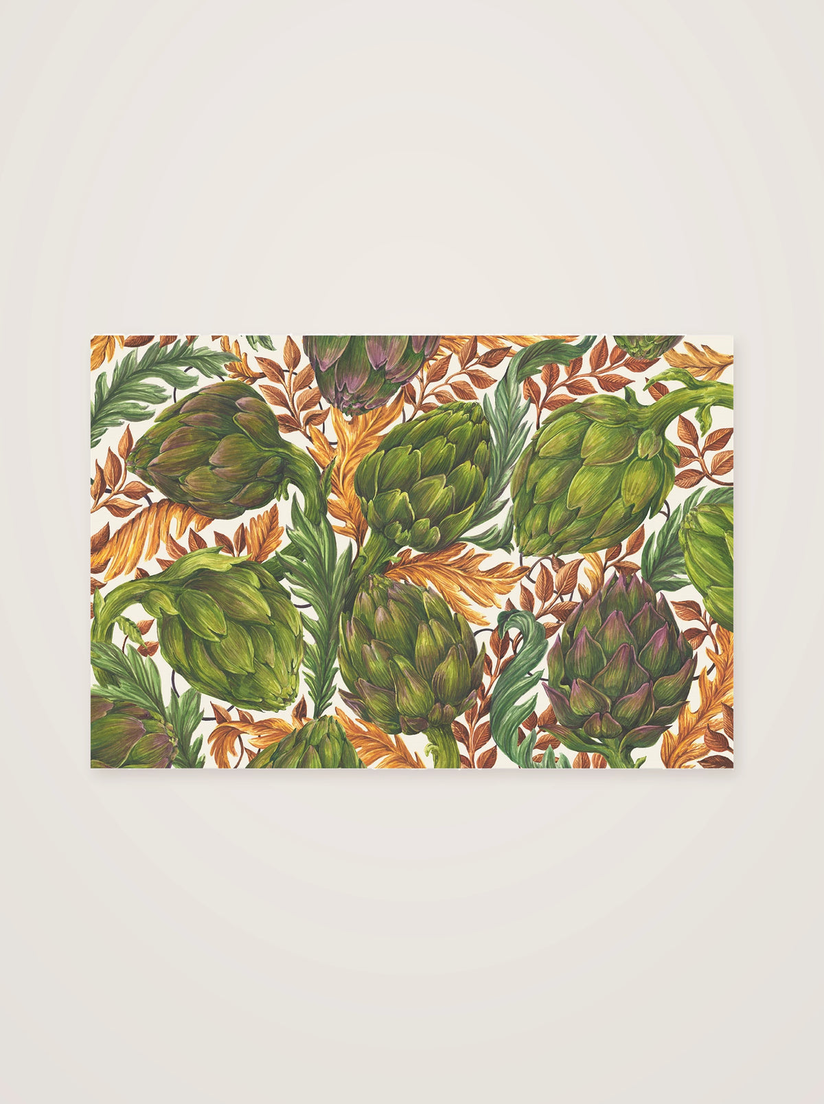Paper placemat pad printed with a botanical design of green artichokes, purple accents and autumn leaves