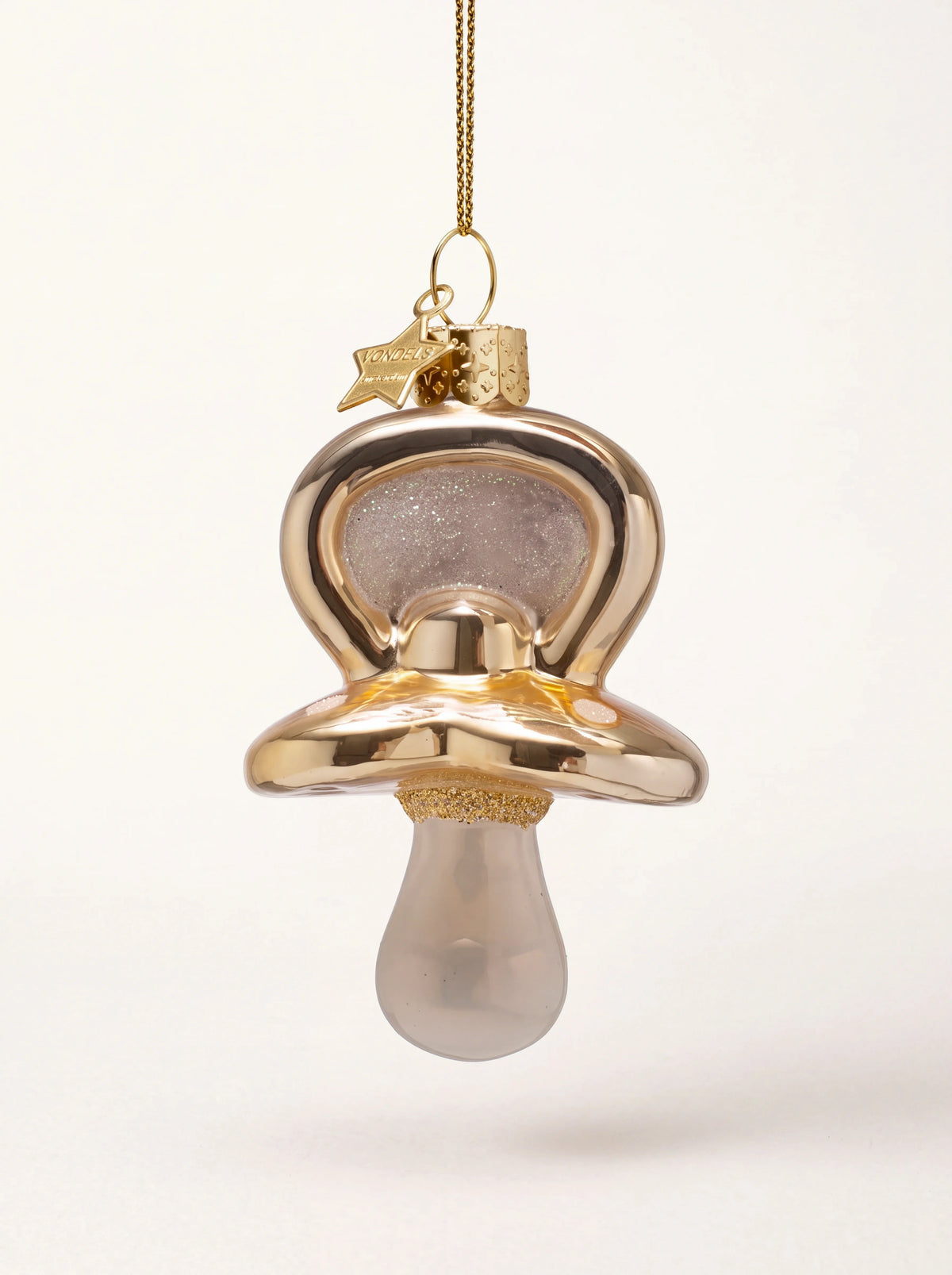Glass baby pacifier ornament with a shiny gold-tone finish, glitter accents and hanging cord