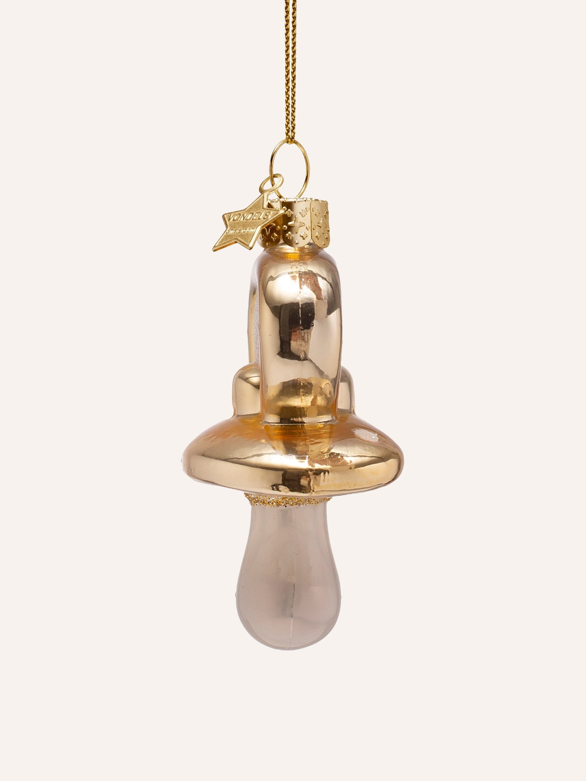 Side profile of the baby pacifier ornament showing the depth of the handle and teat