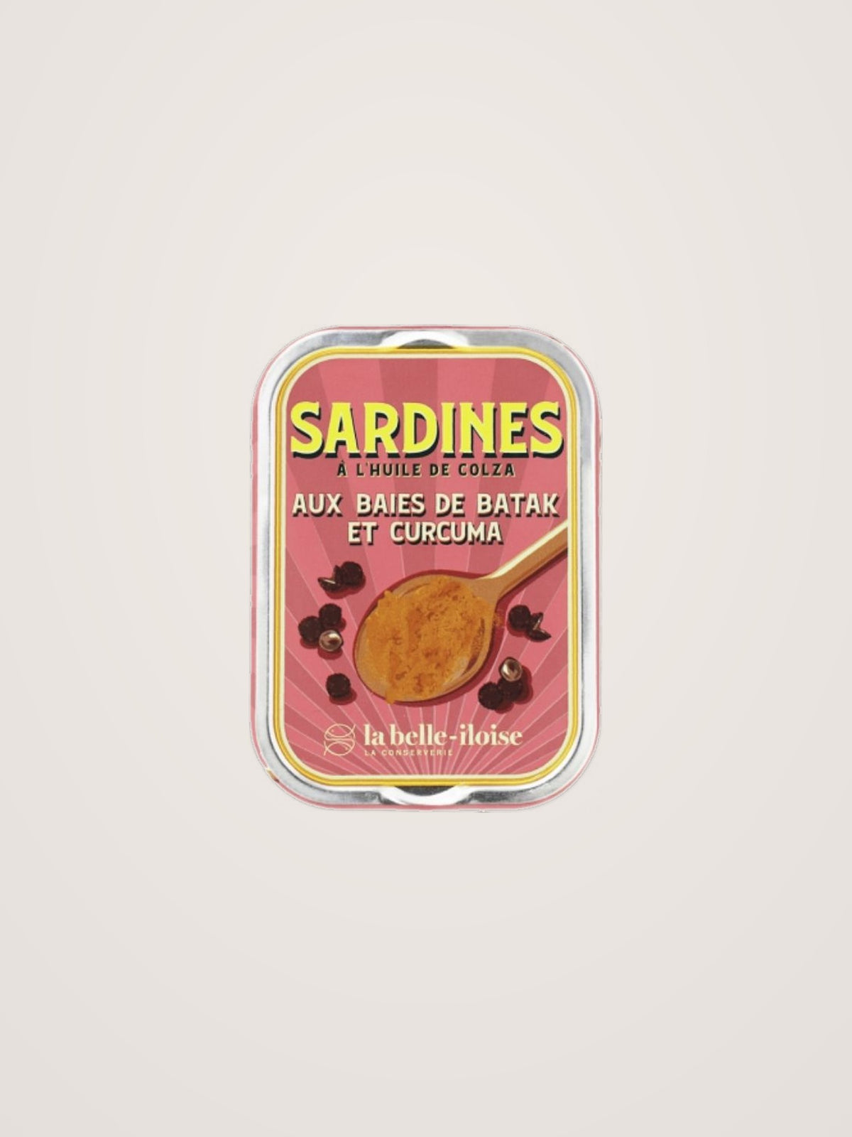 Tin of sardines in rapeseed oil with Batak pepper and turmeric, showing the pink illustrated lid