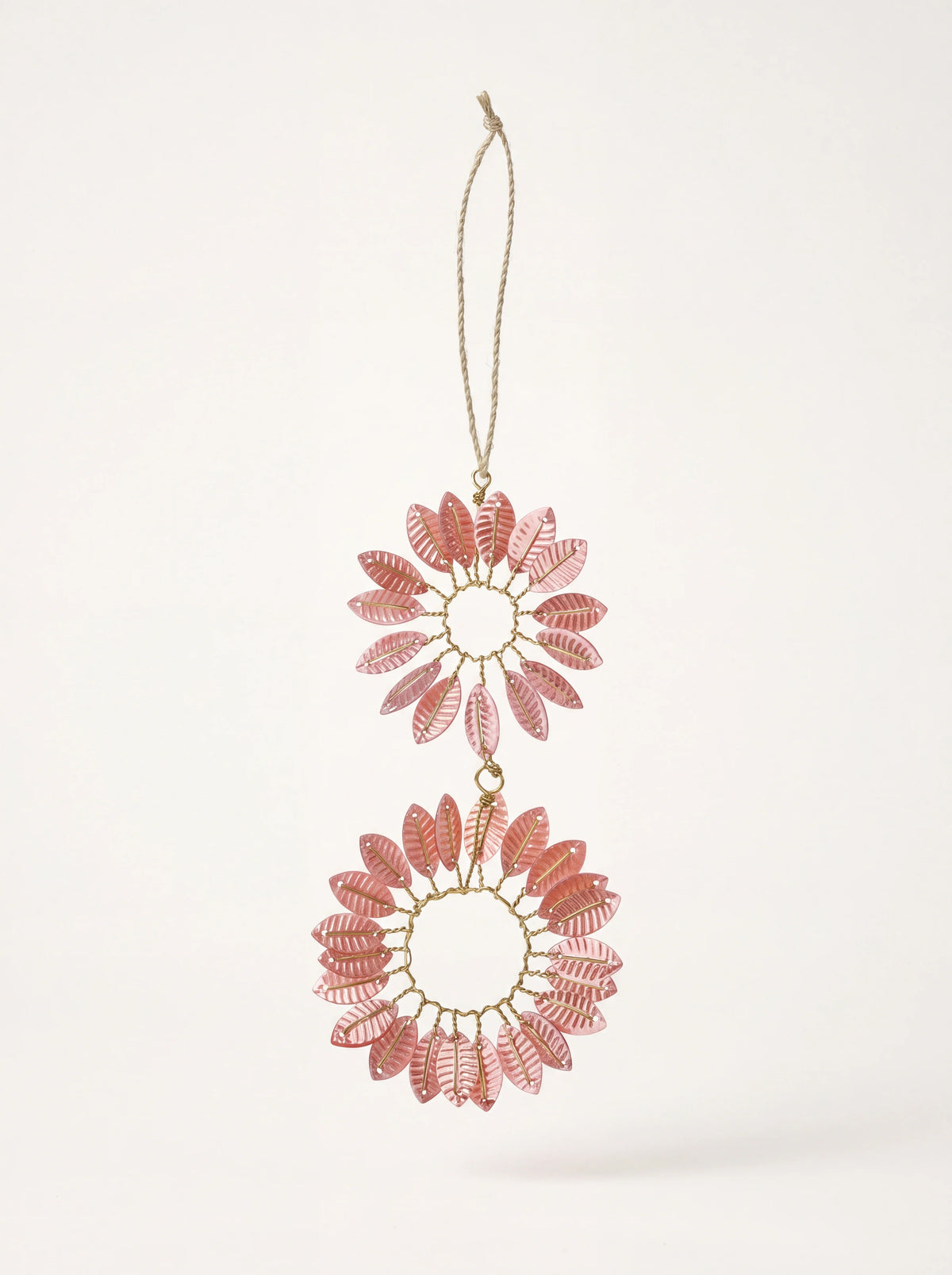 Beaded hoop ornament with two connected wire rings of radiating cerise leaf beads and a hanging cord
