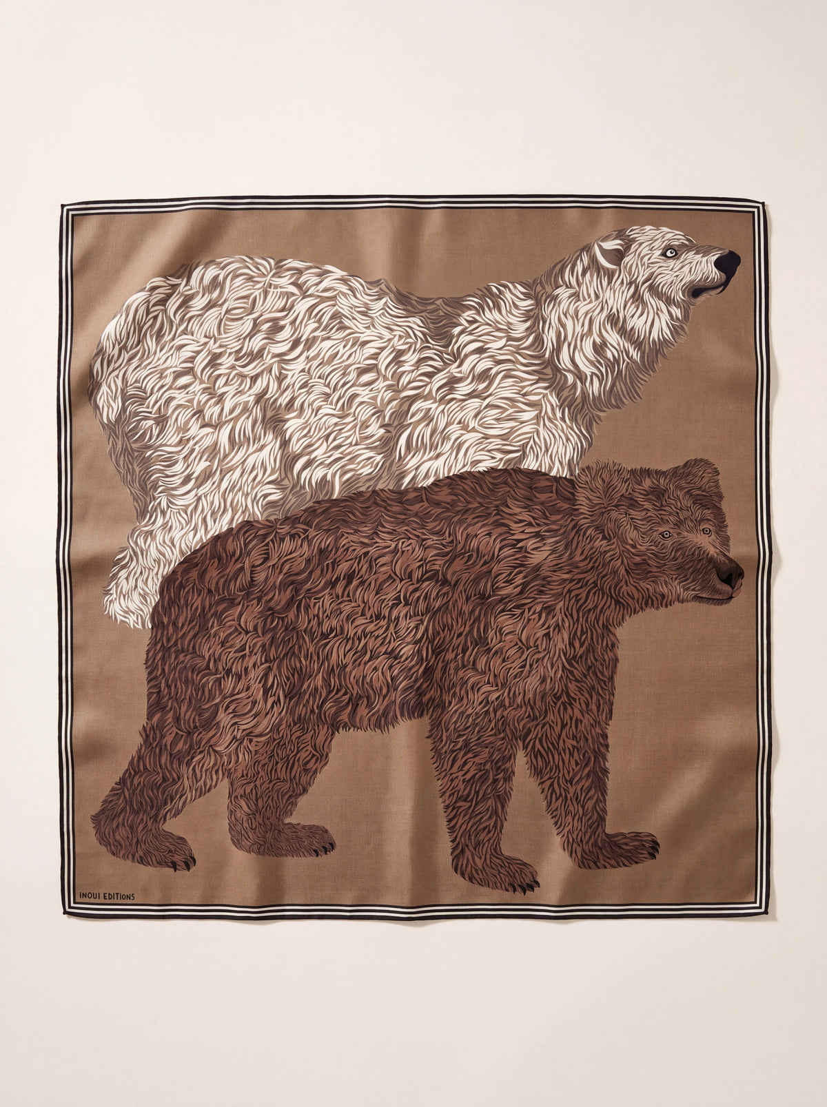 Square beige wool scarf featuring illustrations of a white bear and a brown bear, with a striped border
