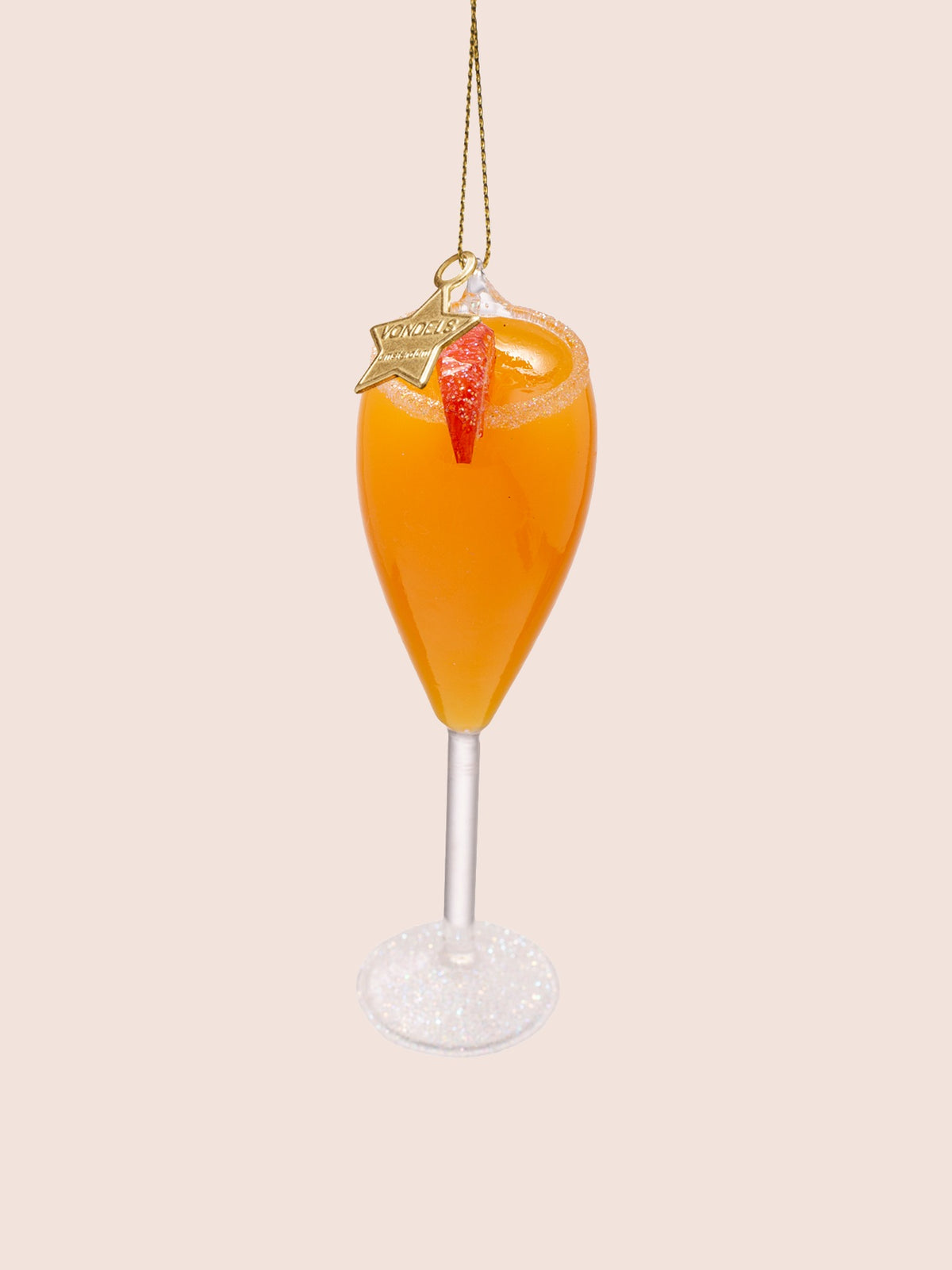 Upright front view of the glass Bellini ornament, showing the sugared rim detail and peach slice