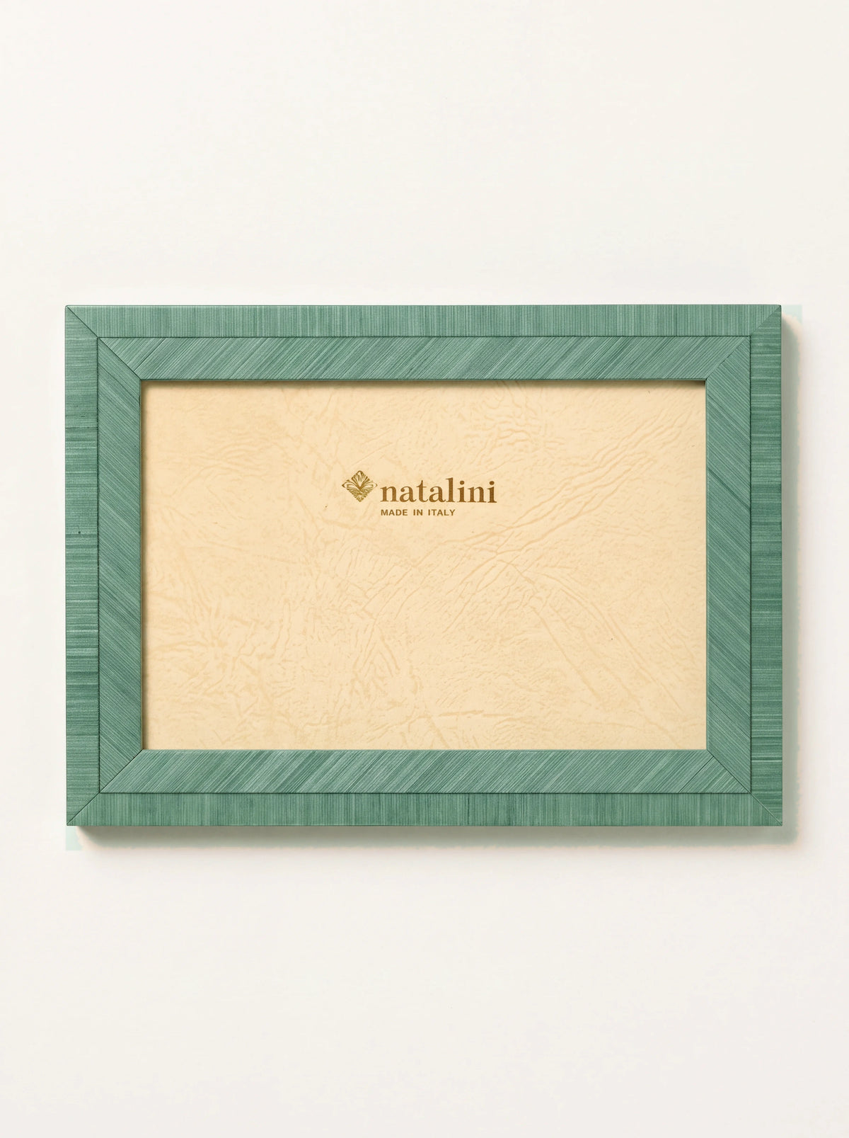 Aqua green wood veneer photo frame with insert reading natalini MADE IN ITALY