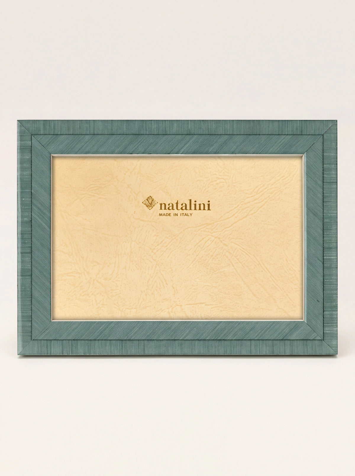 Baby blue inlaid wood veneer photo frame with a silver inner border and natalini MADE IN ITALY insert
