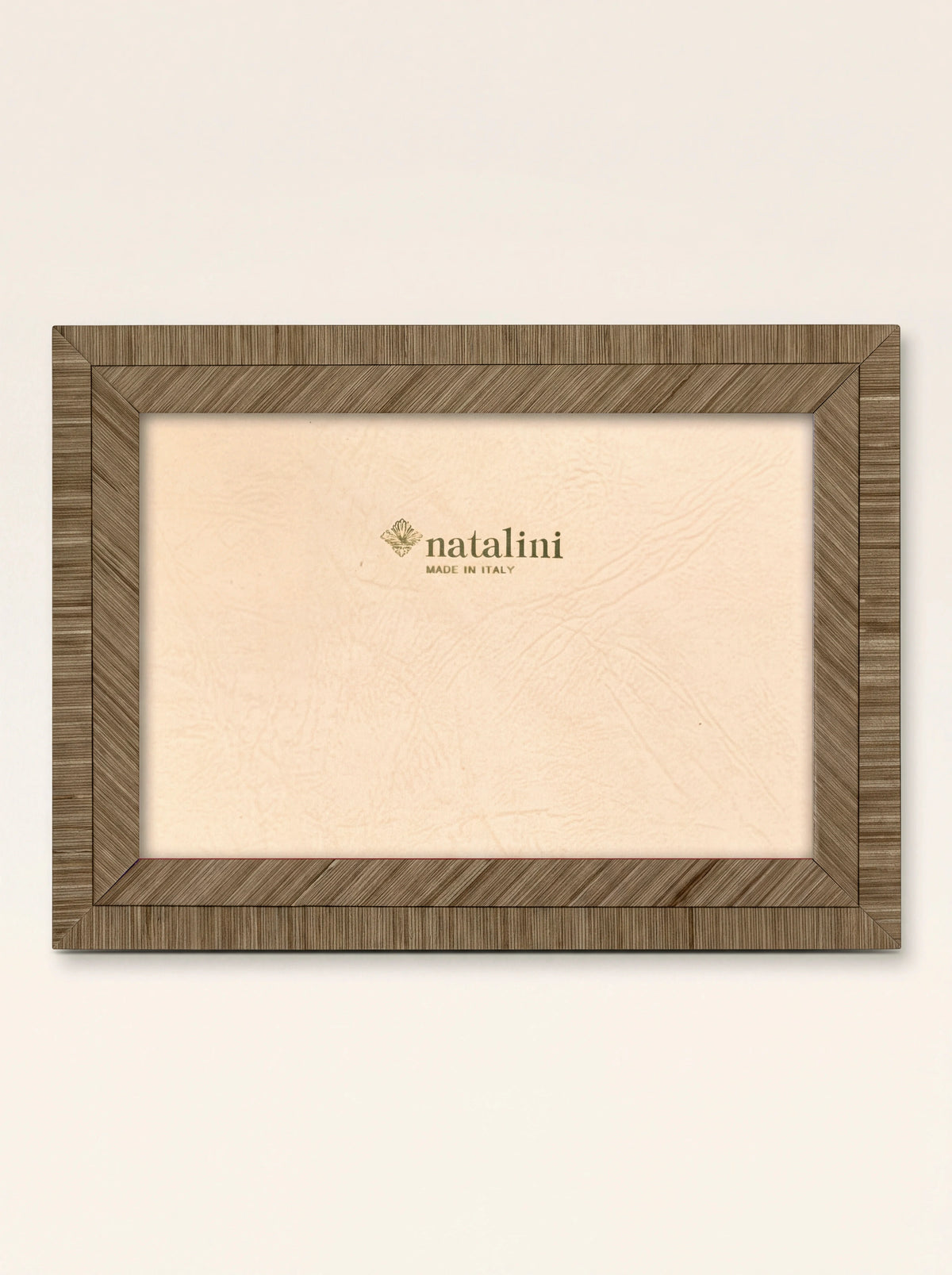 Grey inlaid wood veneer photo frame with fine striped grain in landscape orientation