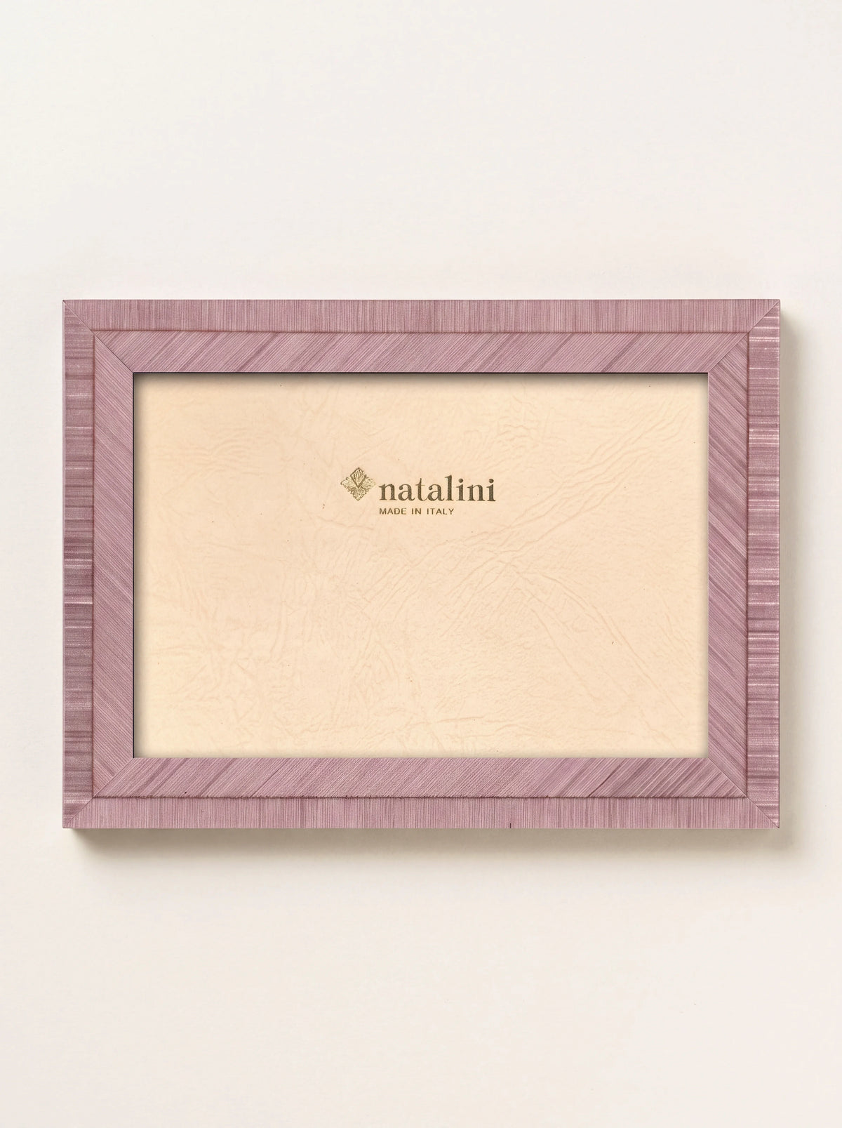 Lilac inlaid wood veneer photo frame with fine linear pattern in landscape orientation
