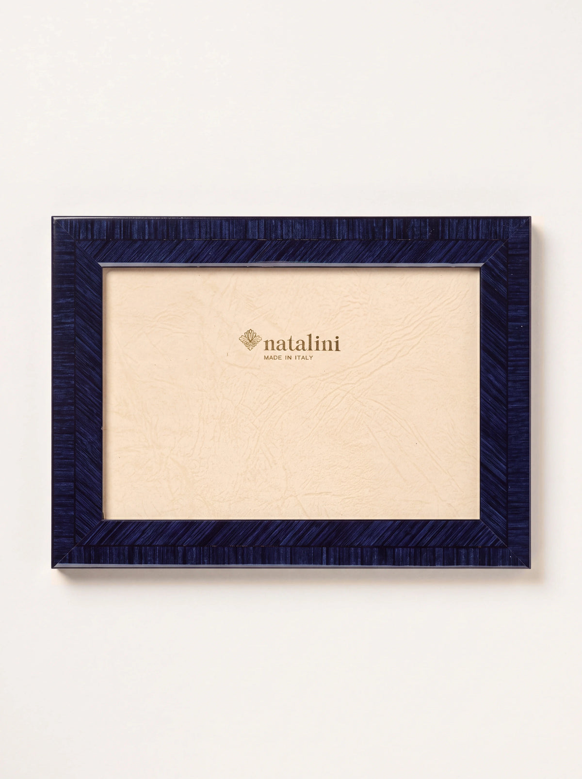 Glossy navy inlaid wood veneer photo frame with insert reading natalini MADE IN ITALY