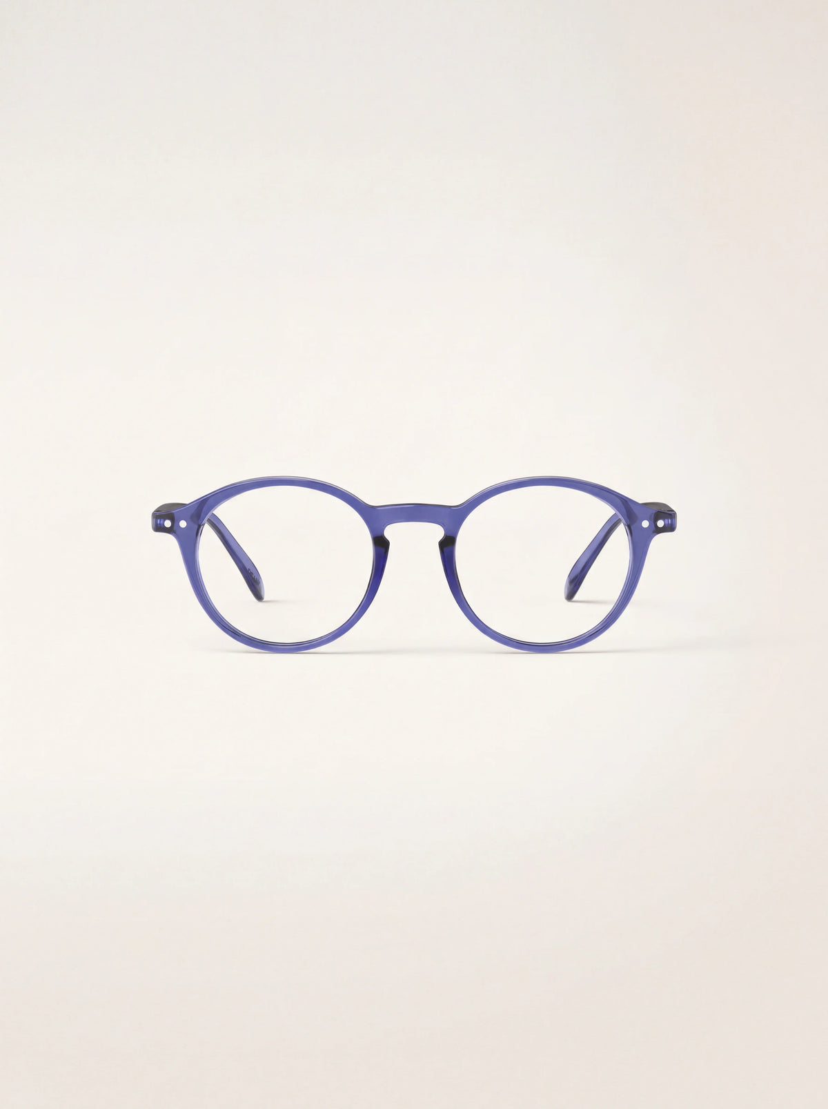 Round reading glasses with a translucent blue frame and keyhole bridge