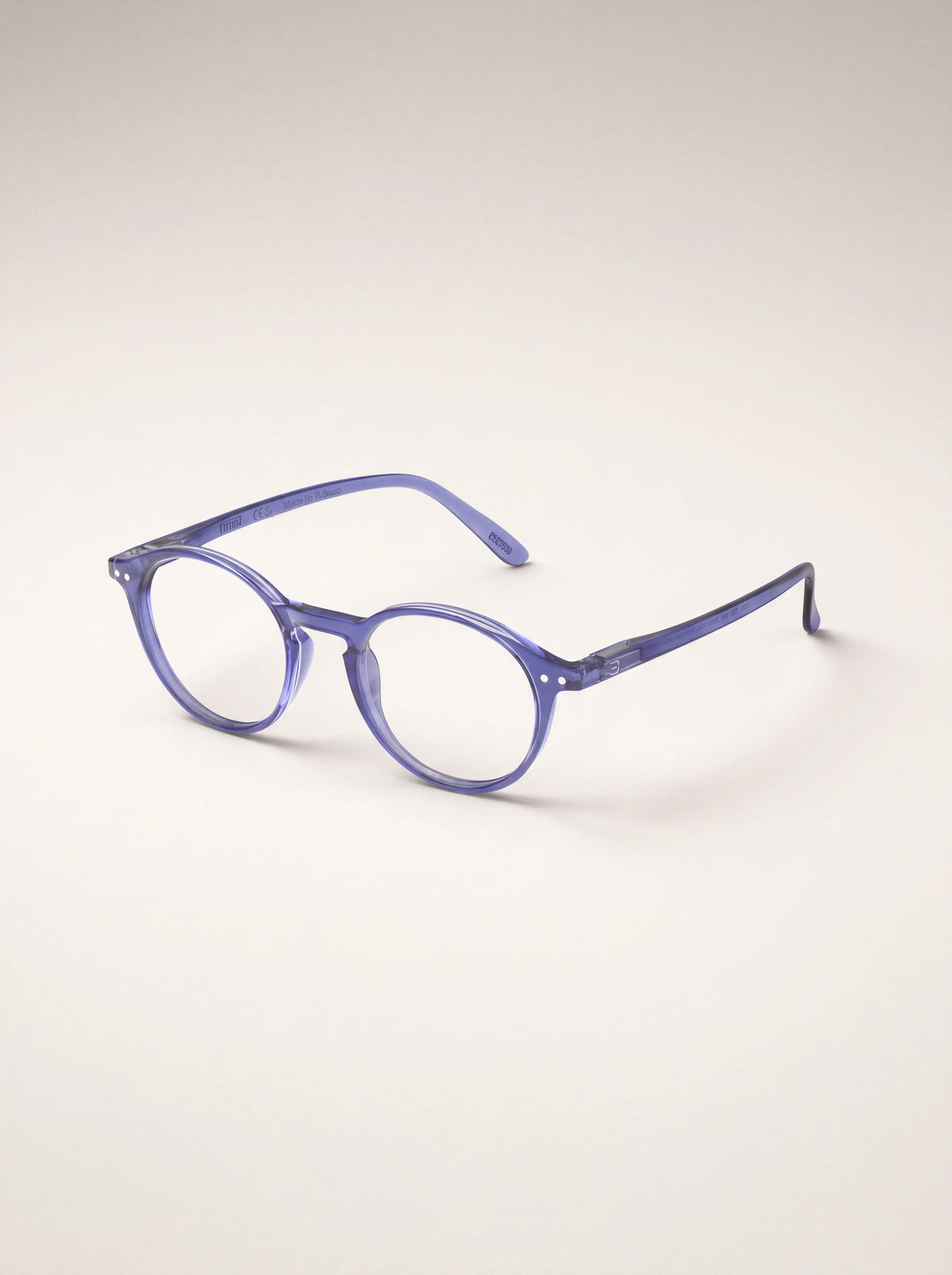 Translucent blue reading glasses seen at an angle, showing the temple arms and hinges