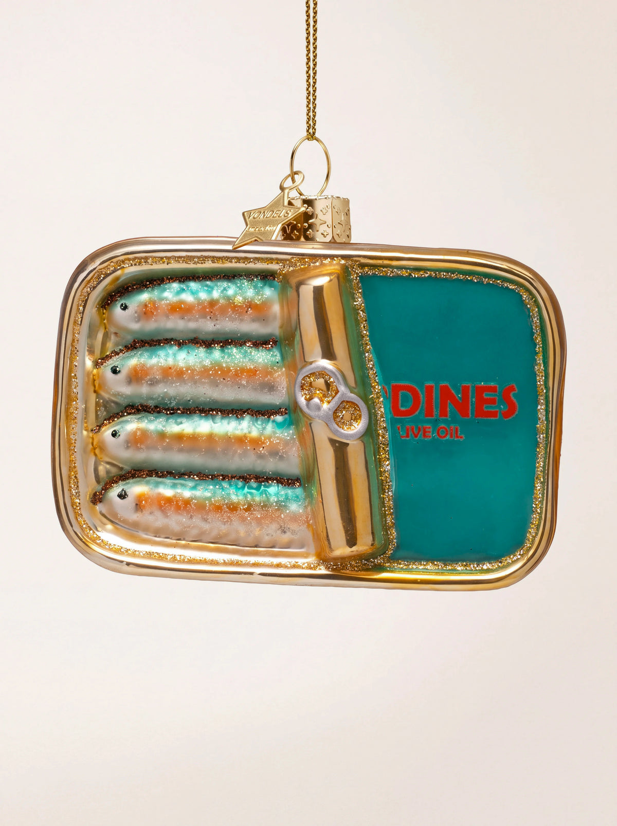 Glass sardine tin Christmas ornament with four painted fish, rolled gold lid and glitter rim