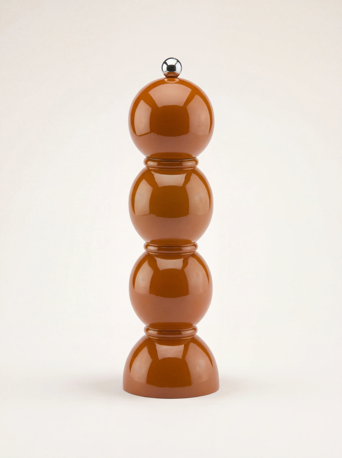Nutmeg brown lacquered wooden bobbin mill with a high-gloss finish and silver-tone screw knob