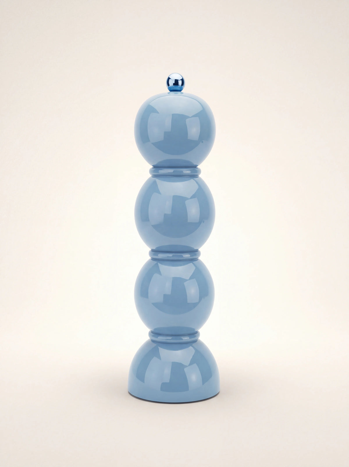 Periwinkle lacquered wooden salt or pepper mill with a glossy stacked bobbin silhouette