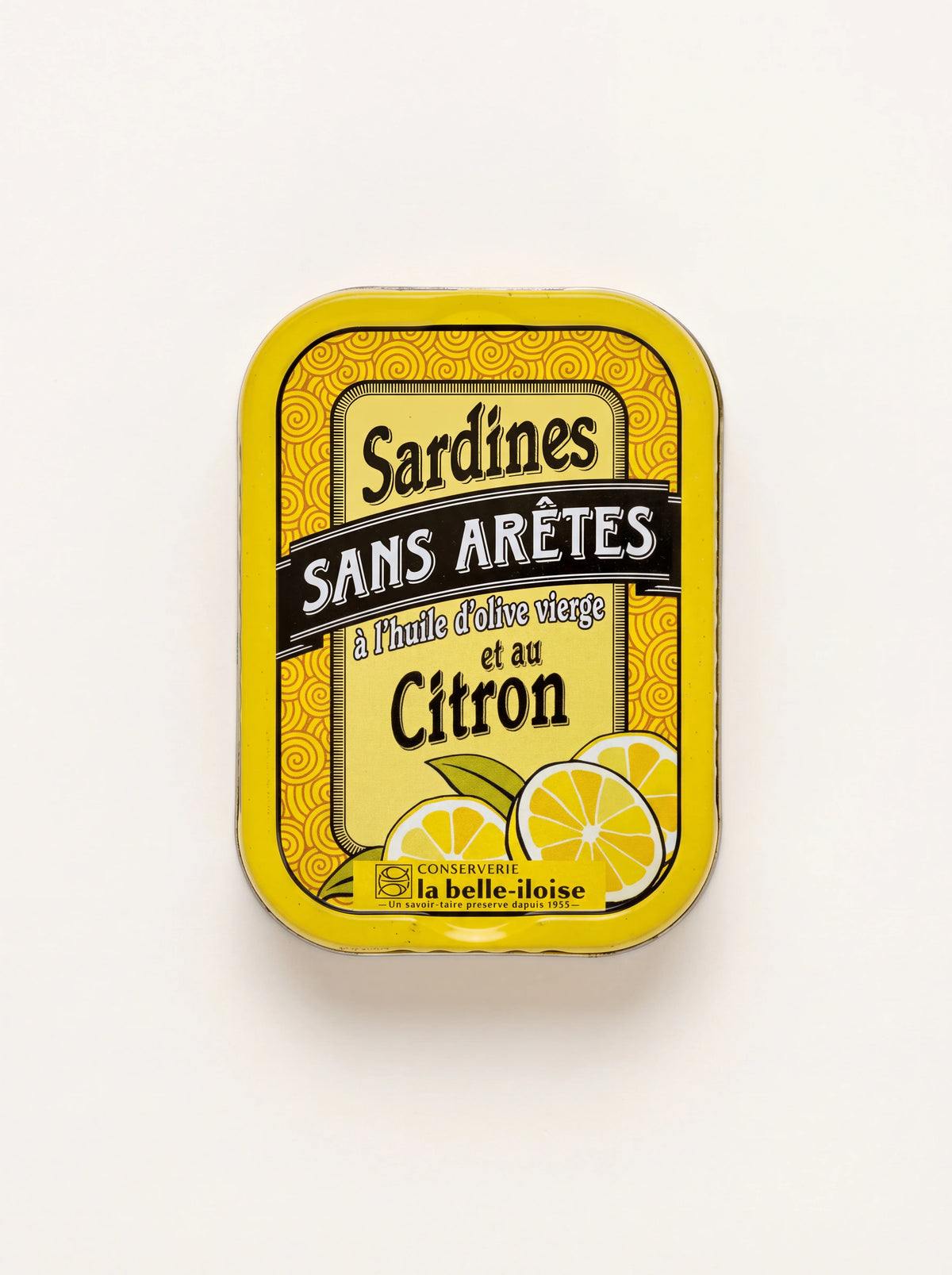 Yellow tin of boneless sardines in olive oil with lemon illustration