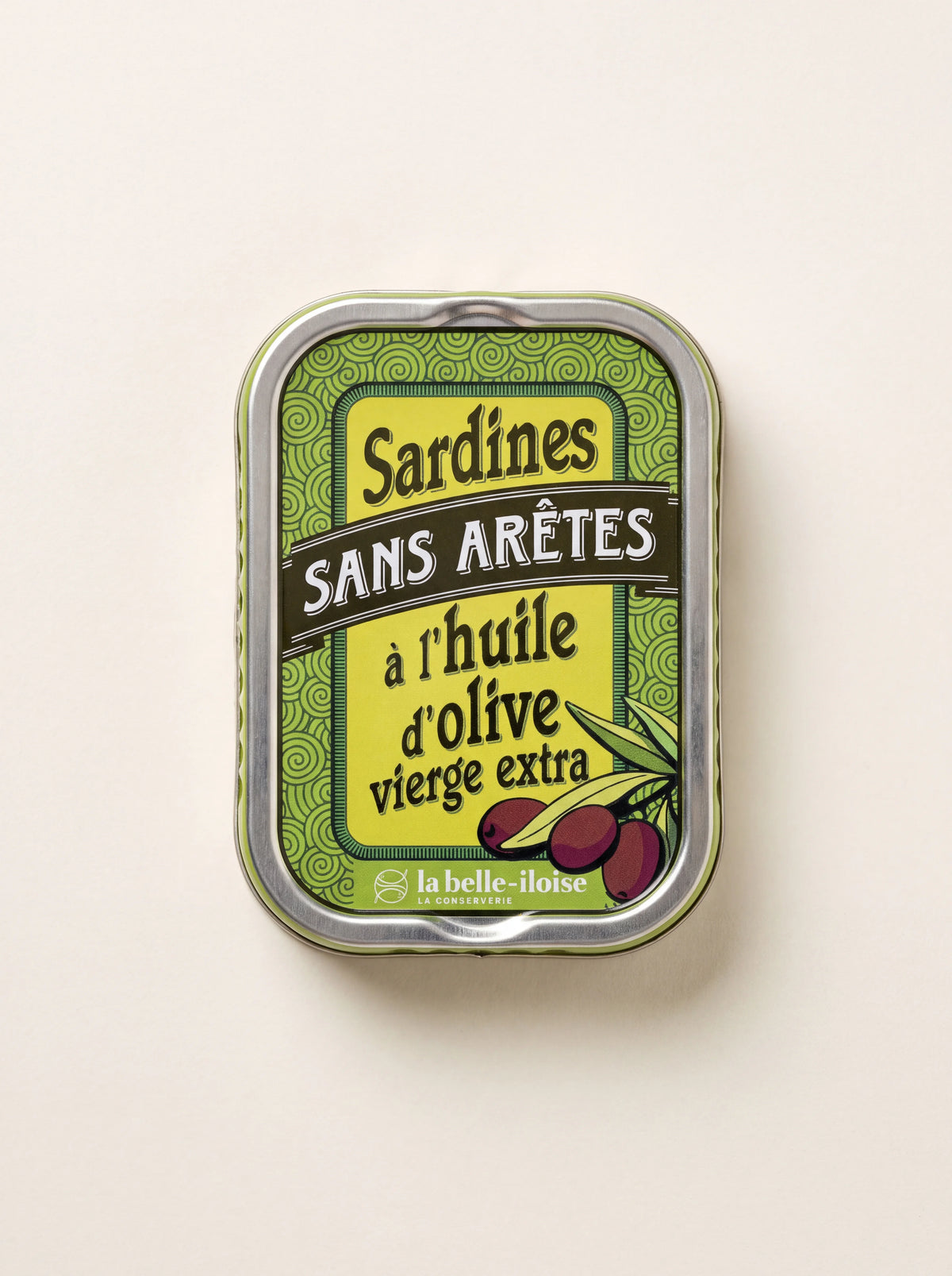 Rectangular tin of boneless sardines in olive oil labelled Sardines Sans Arêtes à l'huile d'olive vierge extra