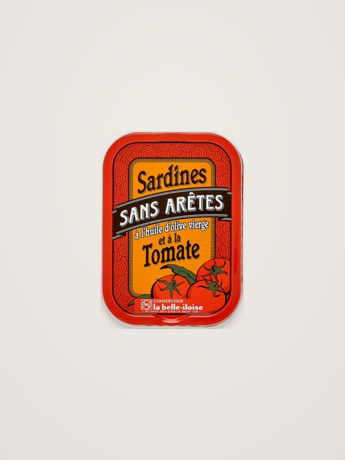 Tin of boneless sardines in tomato and extra virgin olive oil, showing the red and yellow label