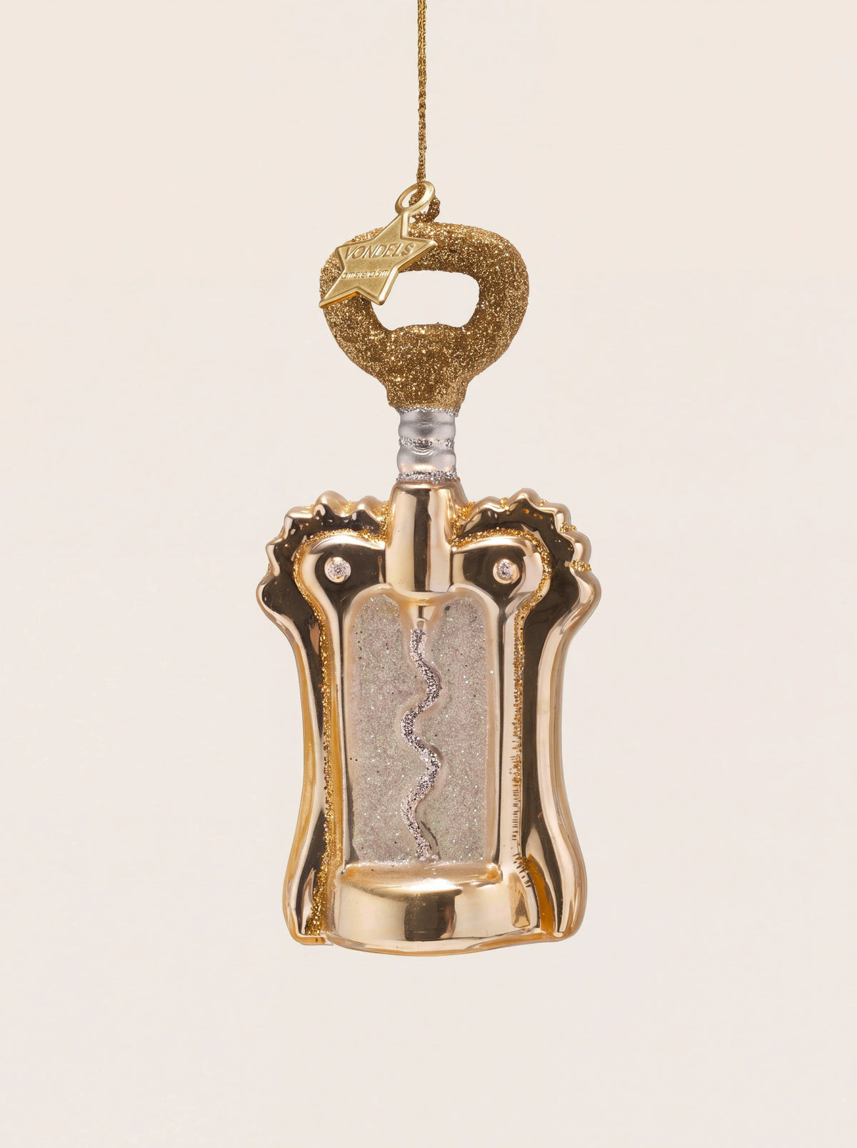 Winged bottle opener glass ornament in metallic gold with a glitter top handle and silver spiral