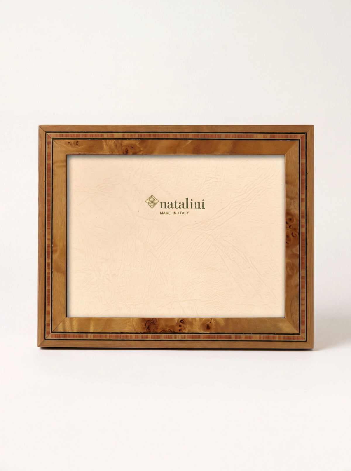 Poplar burl and tulipwood photo frame in landscape orientation with natalini MADE IN ITALY insert
