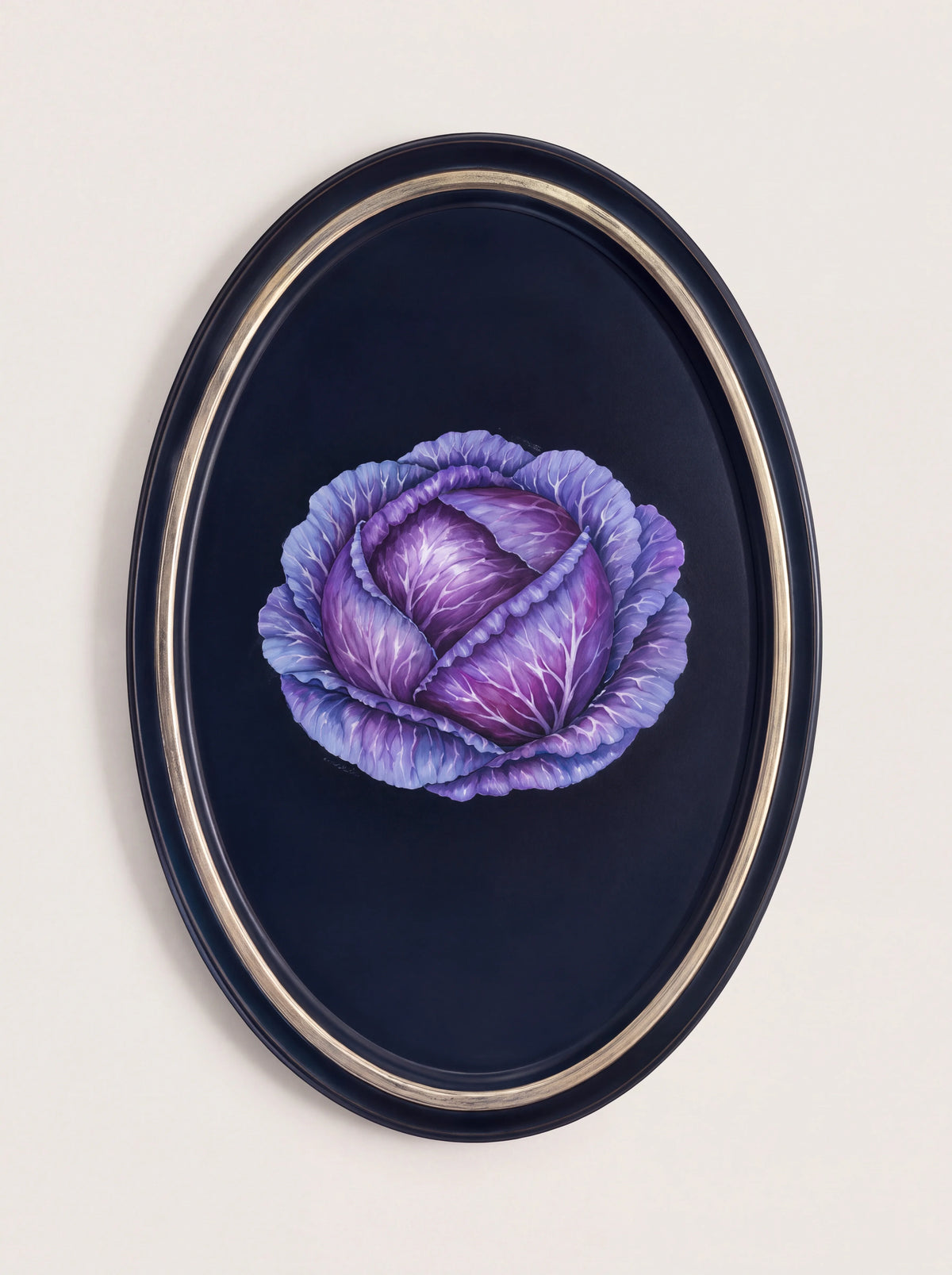 Oval iron tray with a hand-painted purple cabbage motif and silver-coloured rim