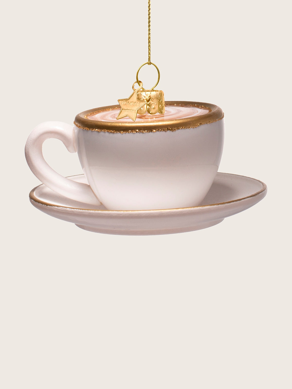 Back view of the glass cappuccino cup ornament showing the curved handle and plain white surface