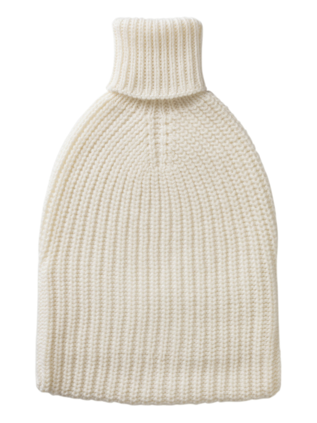 Reverse view of the ivory ribbed cashmere hot water bottle cover with seamless knit