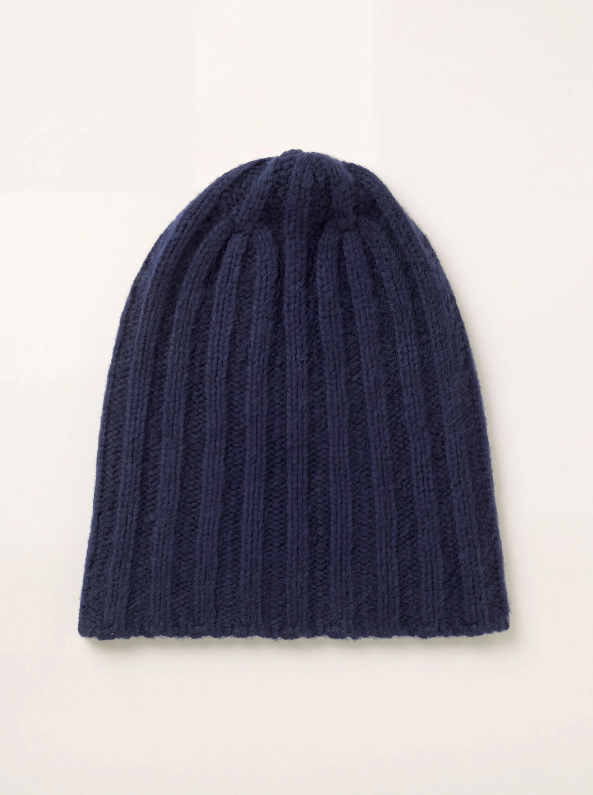 Navy blue ribbed cashmere-silk beanie with a tapered crown and straight hem