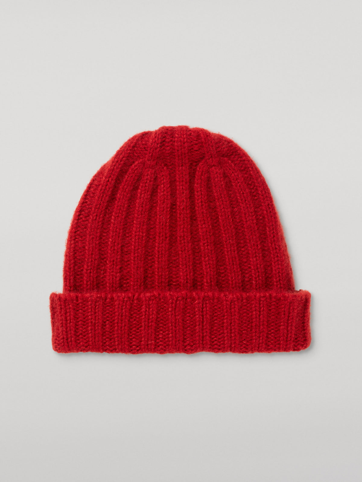 Red ribbed cashmere and silk beanie with the brim folded up into a cuff