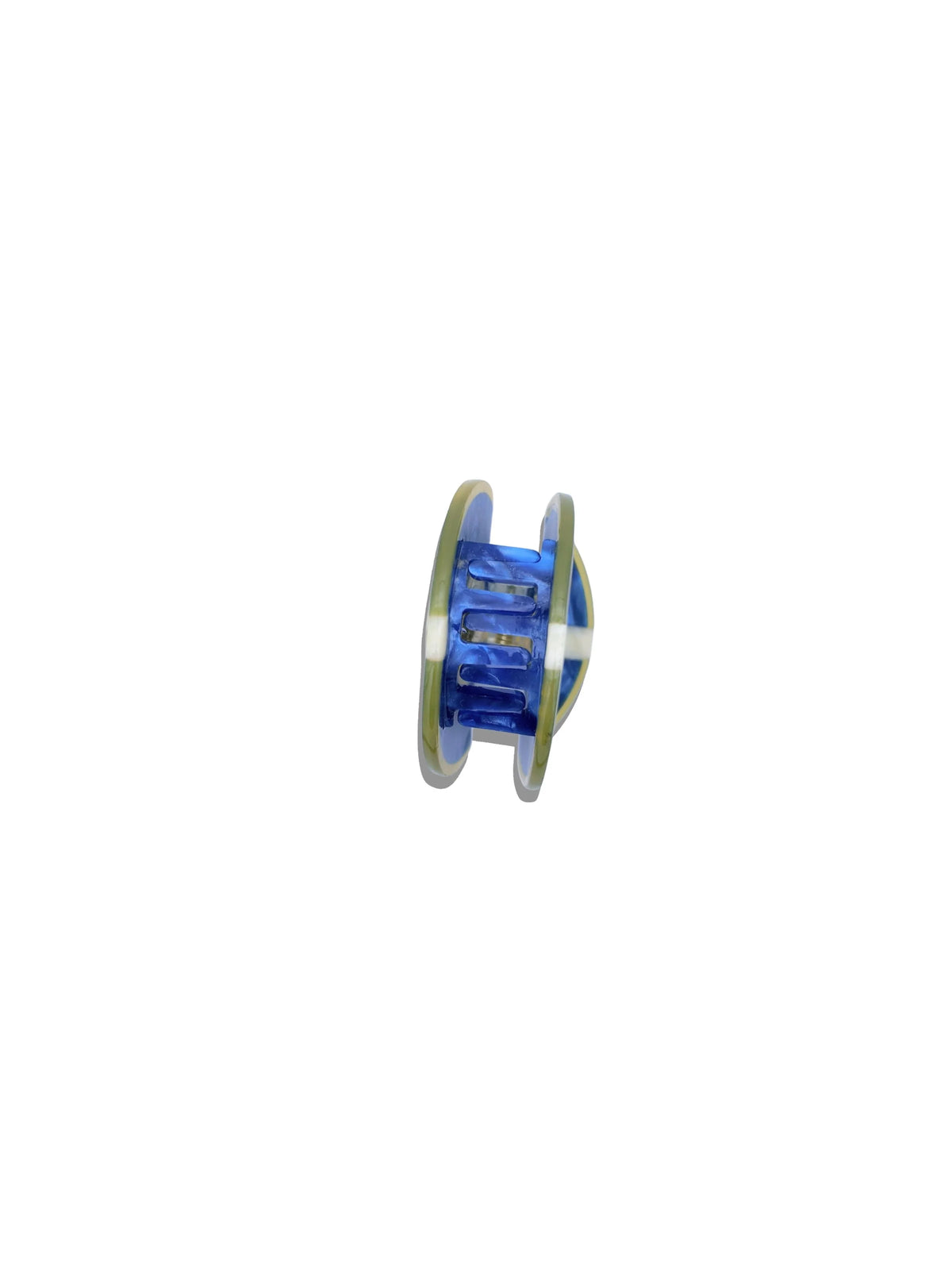 Side view showing the interlocking blue teeth and central spring hinge