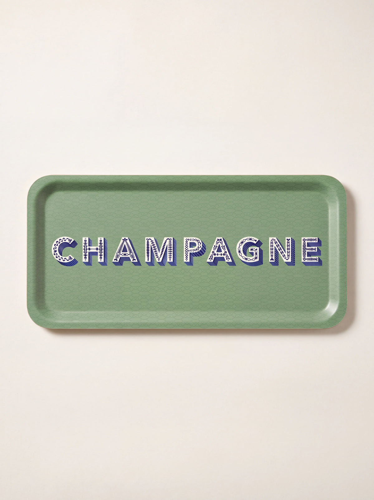 Rectangular green tray with a raised rim and decorative blue and white CHAMPAGNE lettering across the centre