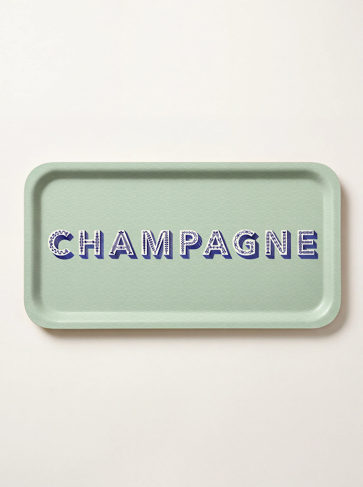 Rectangular mint birch wood tray with decorative CHAMPAGNE lettering and a raised rim