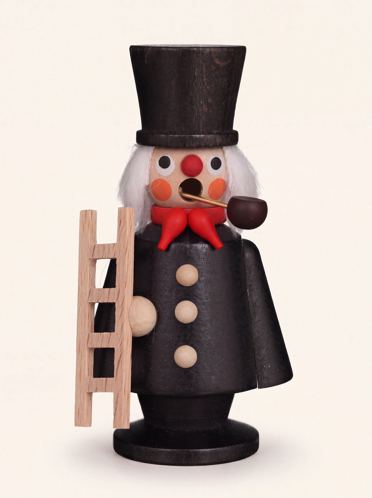 Chimney sweep wooden incense smoker with a top hat, smoking pipe, red scarf, and miniature ladder