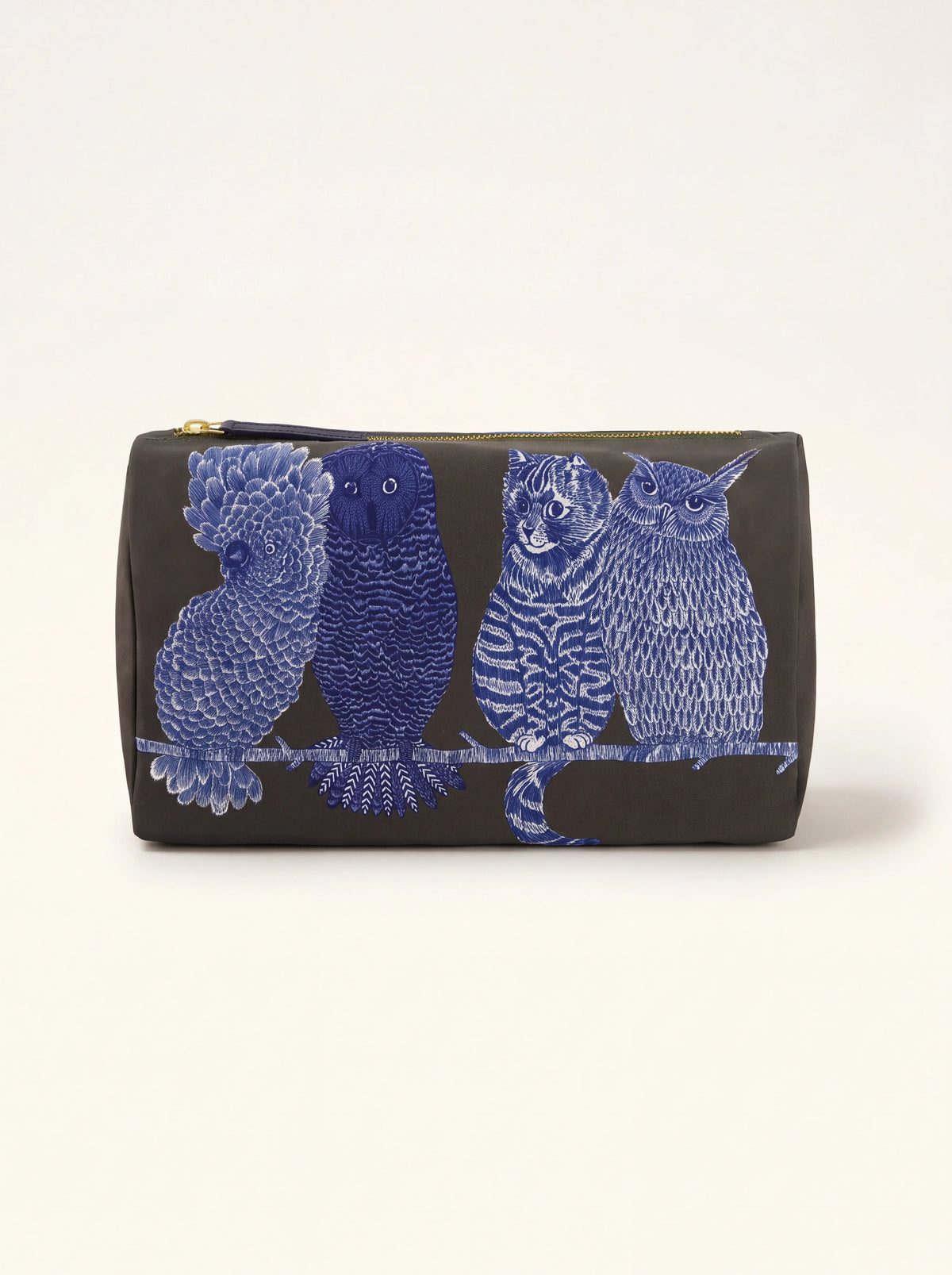 Reverse side of the khaki pouch with embroidered blue cockatoo, two owls and a cat on a branch