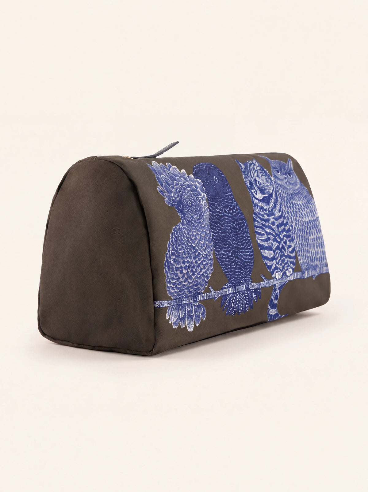 Khaki polyester pouch with a curved top, flat base and blue illustrated animal motif