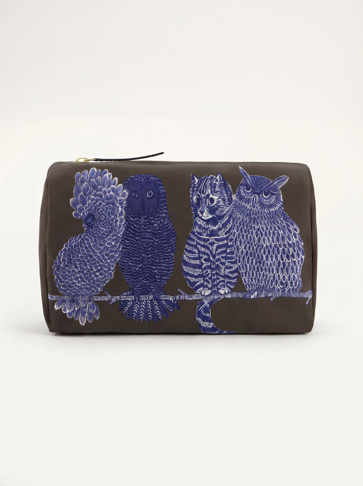 Front showing blue line illustrations of a cockatoo, two owls and a cat on a branch