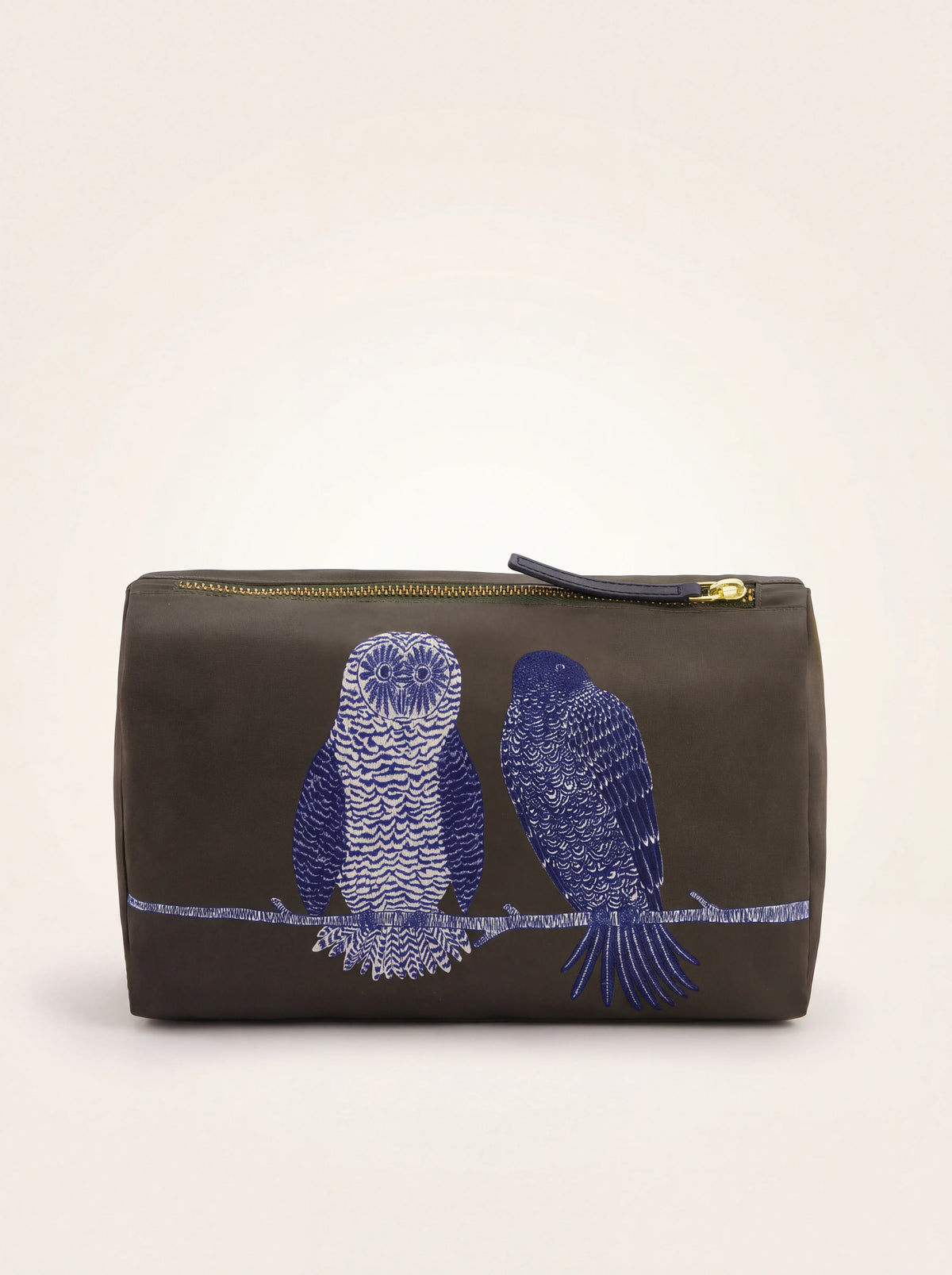 Reverse side showing two blue illustrated birds on a branch and the zip with leather pull