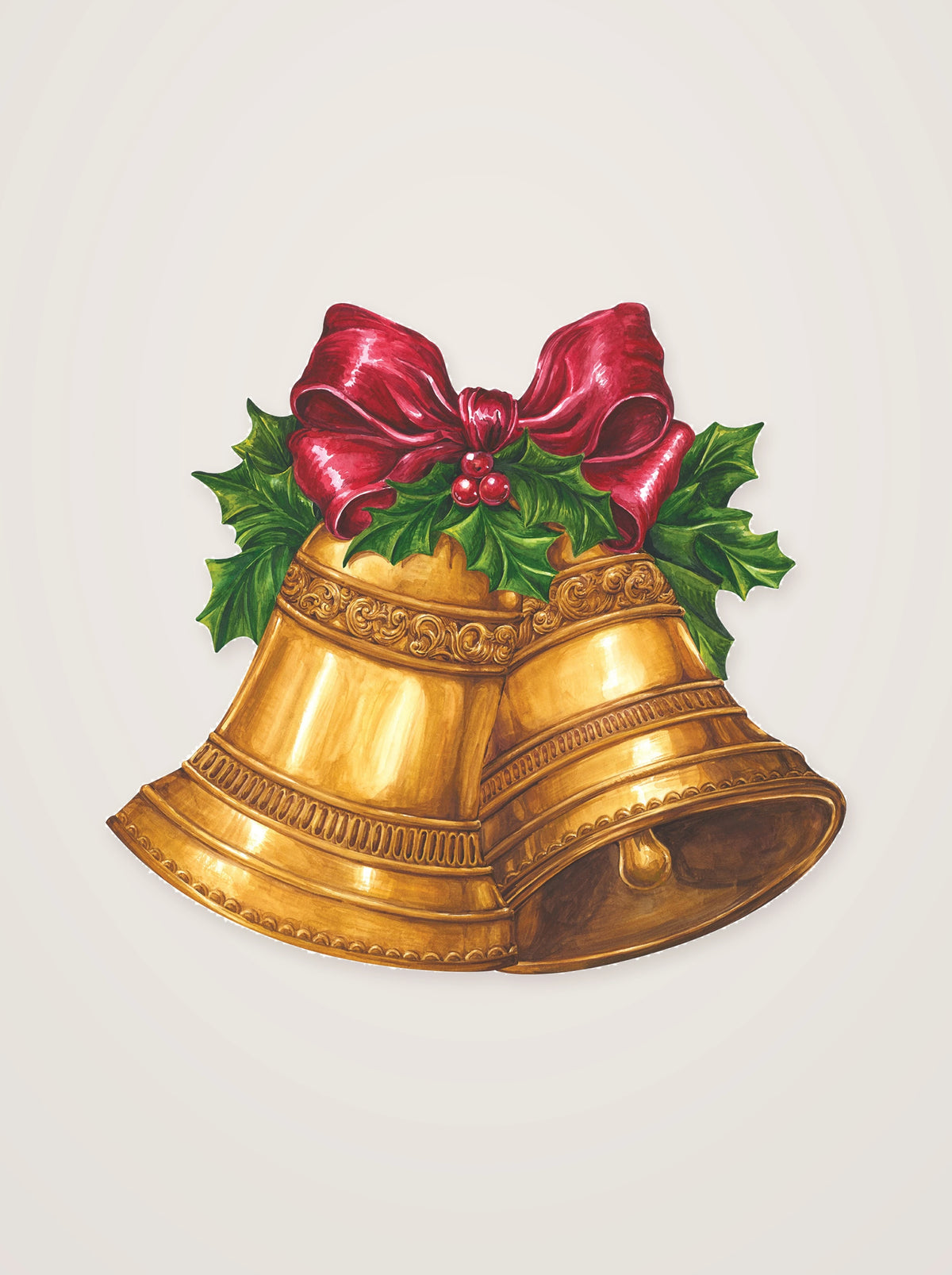 Christmas bell paper placemat shaped as a pair of ornate golden bells with a red ribbon bow and holly