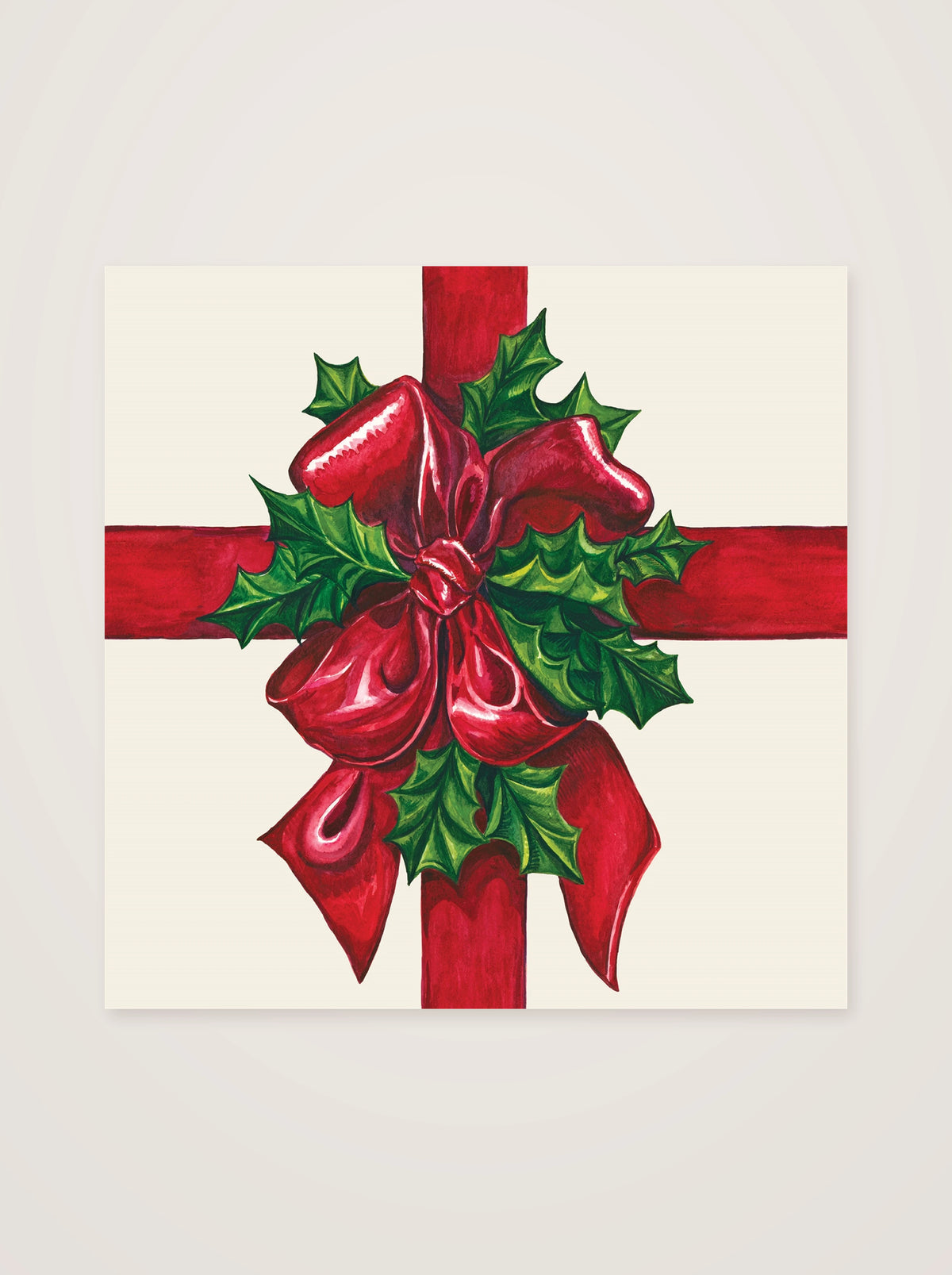 Paper cocktail napkin illustrated as a Christmas gift with crossed red ribbons and a holly bow