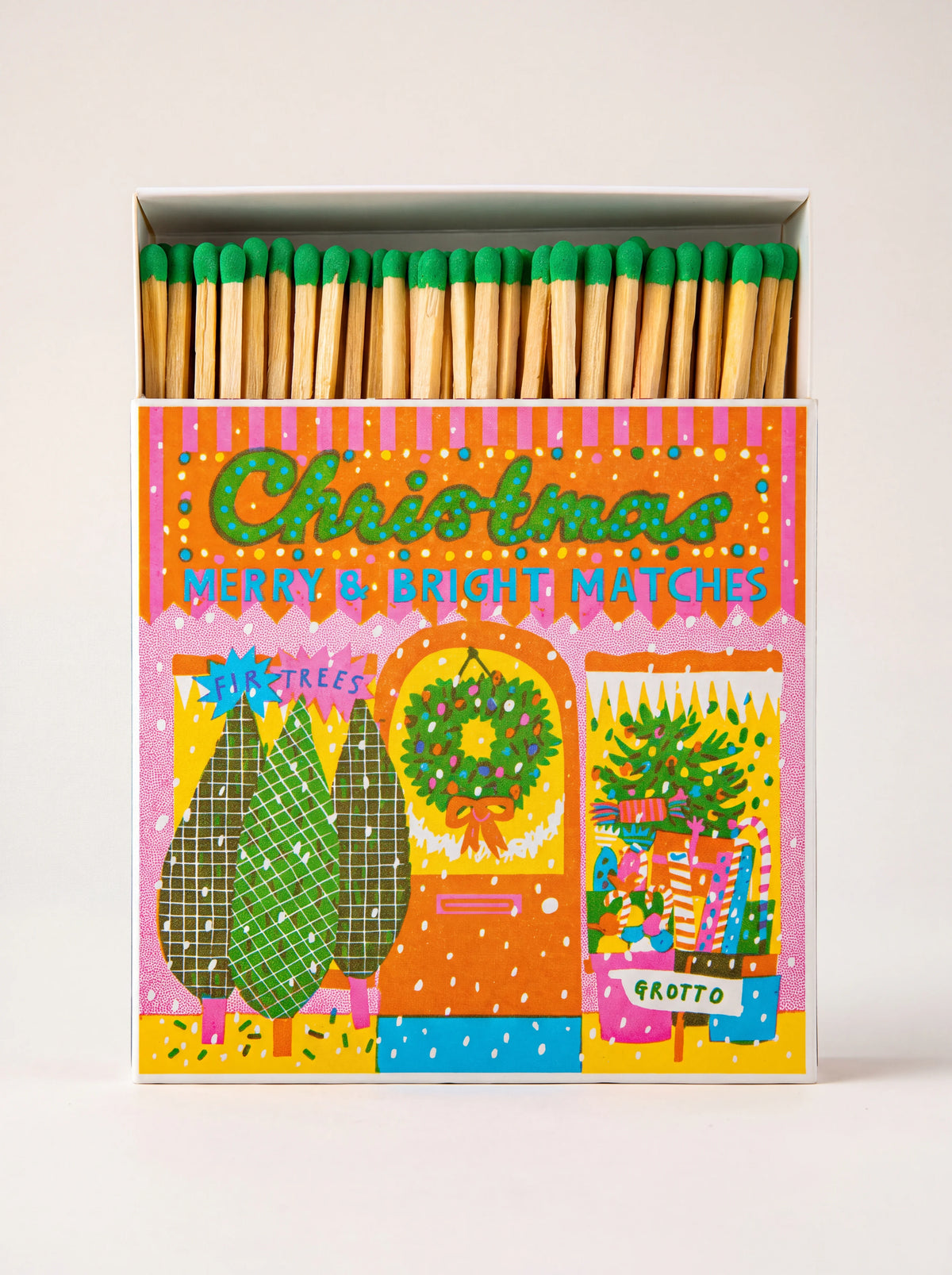 Square matchbox open to show green-tipped wooden matches, printed with Christmas Merry & Bright Matches