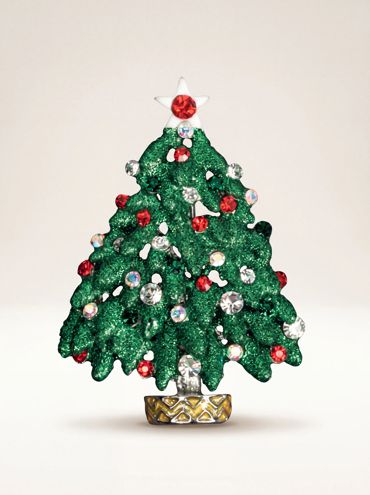 Christmas tree brooch in textured green with red, green and clear crystals and a star topper