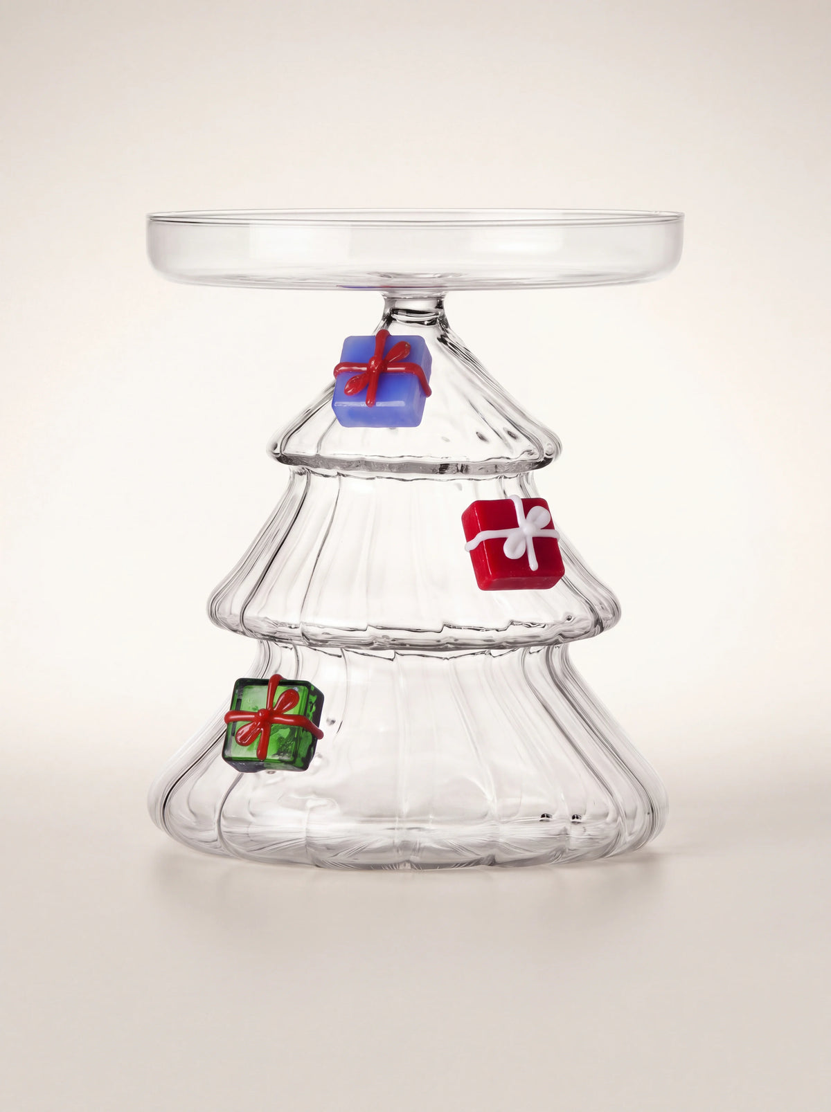 Clear borosilicate glass footed dish with a tiered Christmas tree base and colourful glass presents