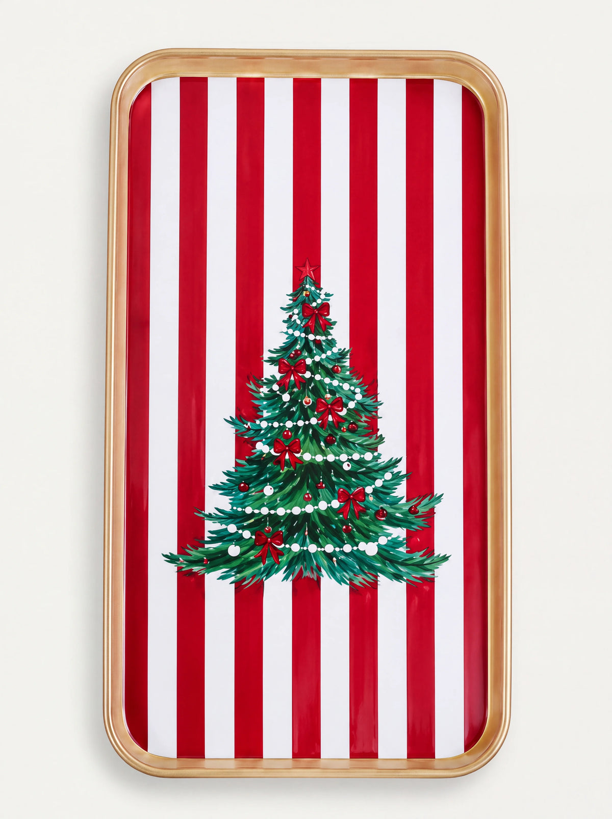 Rectangular iron tray with red and white stripes, a decorated Christmas tree and a raised gold-toned rim
